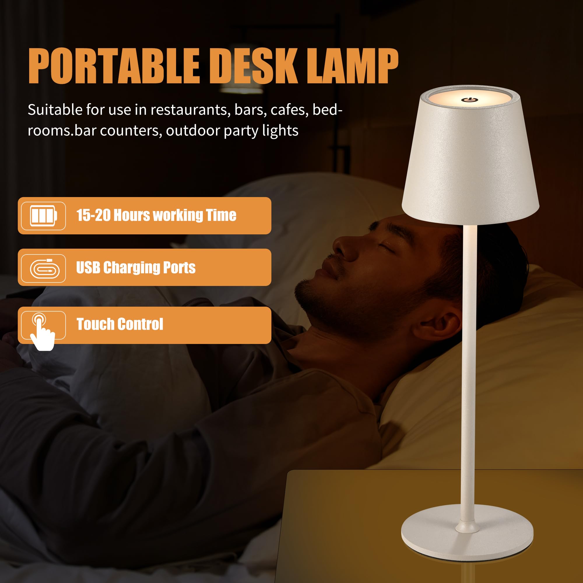 IMQSQIK Cordless Table Lamps 2-Pack USB Rechargeable LED Touch Control Apricot Model Ue566-2pcsApricot