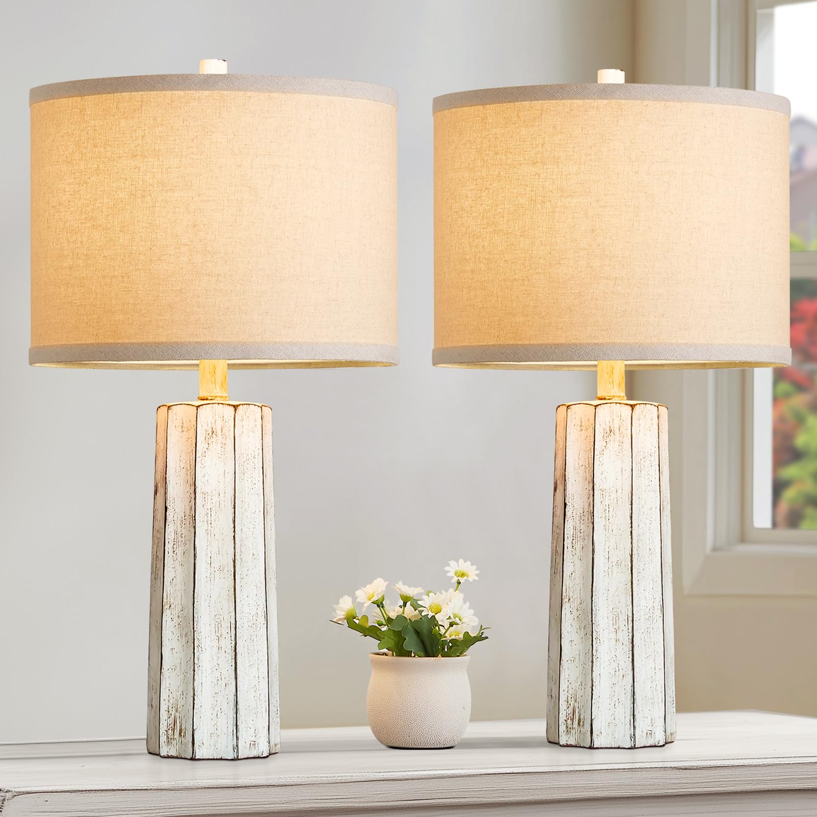 Roriano 24'' Rustic Table Lamps Set Of 2 For Bedroom Living Room, Wash White Farmhouse Vintage Desk Lamps Modern Resin Nightstan