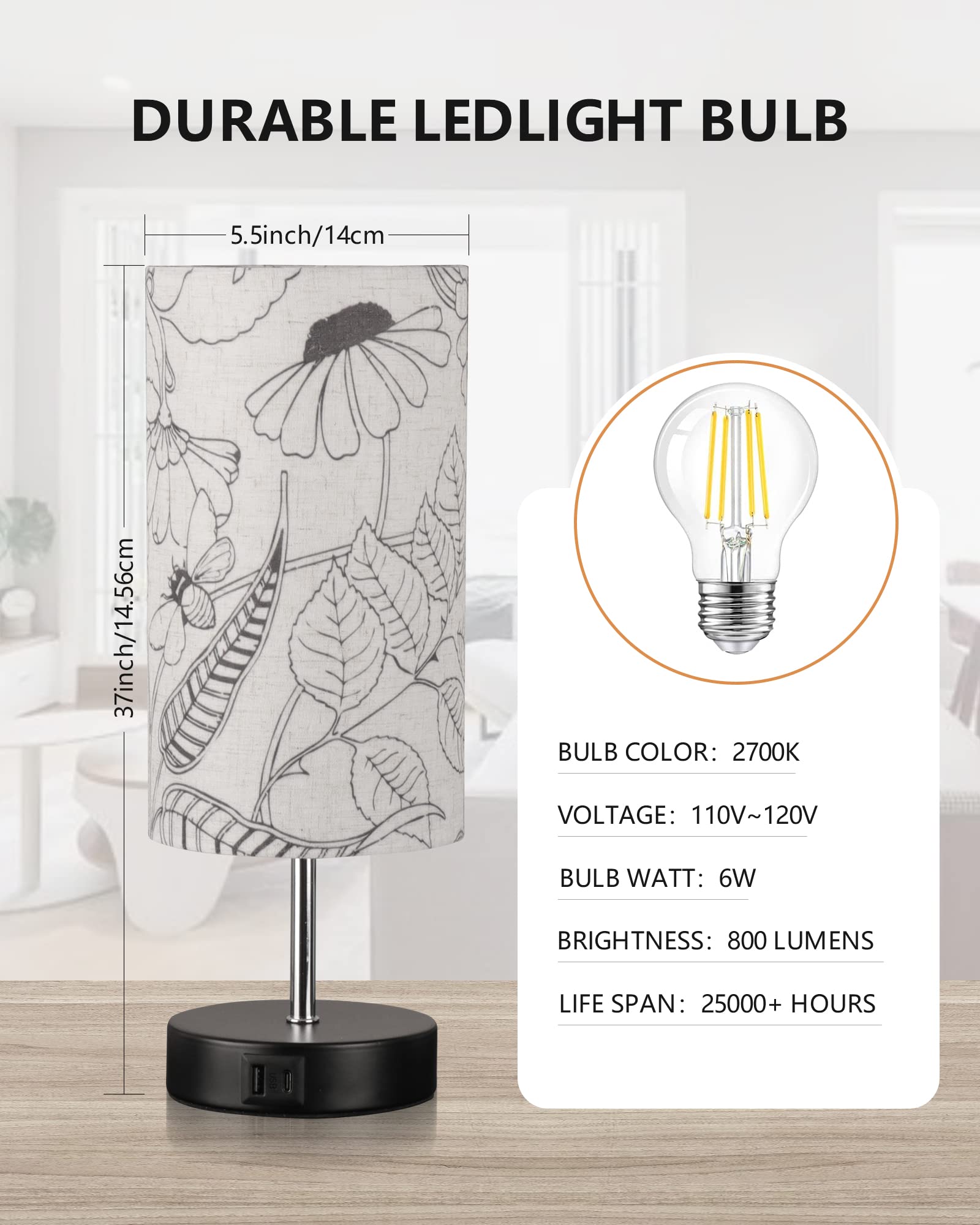 Lanmonlily Touch Control Desk Lamp With 2 Usb Ports, 3-Way Dimmable Bedside Lamp For Bedroom, Nightstand Lamp With Round Flower Fabric Shade For Living Room, Home Office