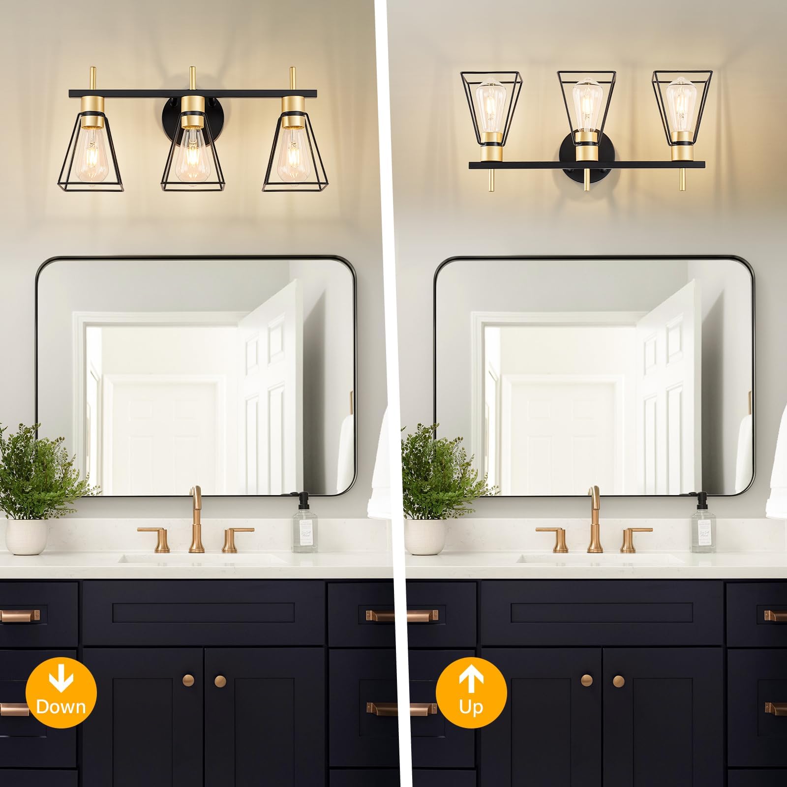Fonmyim Farmhouse Bathroom Vanity Light Fixtures Over Mirror, Black And Gold 3-Light Wall Sconce With Metal Cage, E26 Socket (Bu
