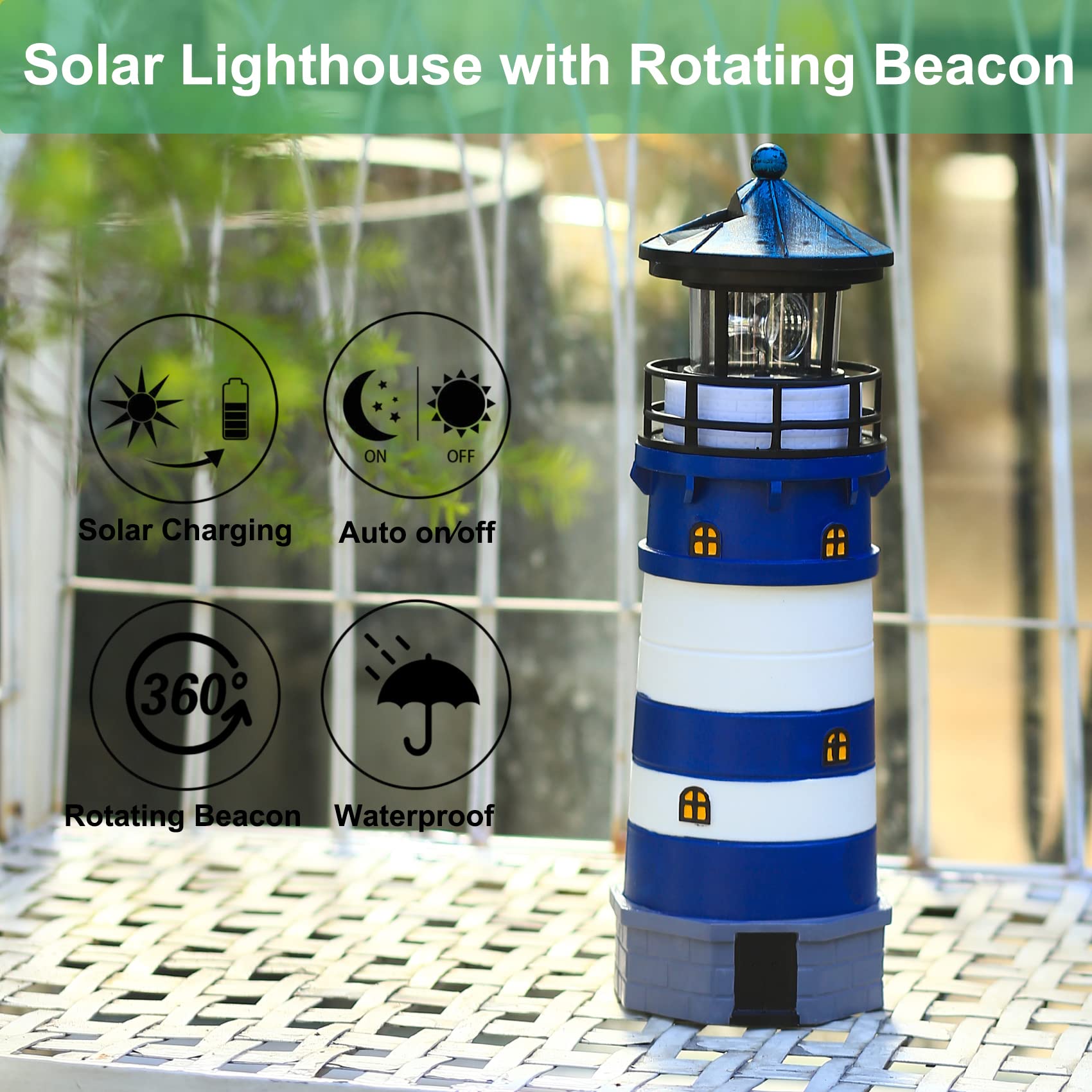 WDLFCGC Solar Powered Lighthouse - 12in Rotating Beacon, Vinyl, Blue2, Model 3130B