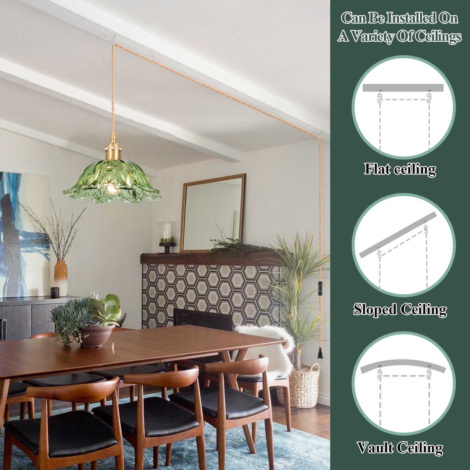 Loiogohot Plug-in Pendant Light Fixture, E26 Green Glass Lampshade, On/Off Switch, 10.6in, for Kitchen Island, Bedroom, Dining Room
