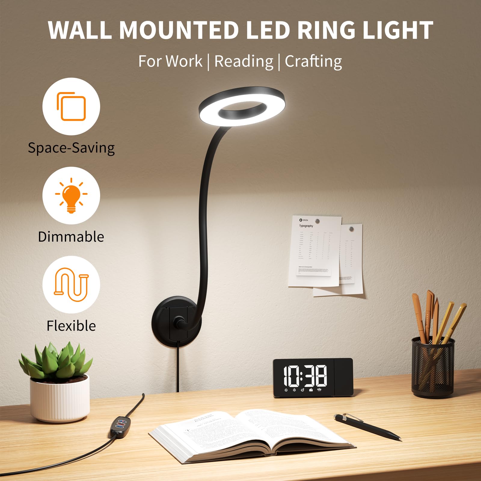 Kaulsoue Wall Mounted LED Lamp - 360° Adjustable Gooseneck, Eye Care, Black, Model KX10, Perfect for Reading & Workbench Use