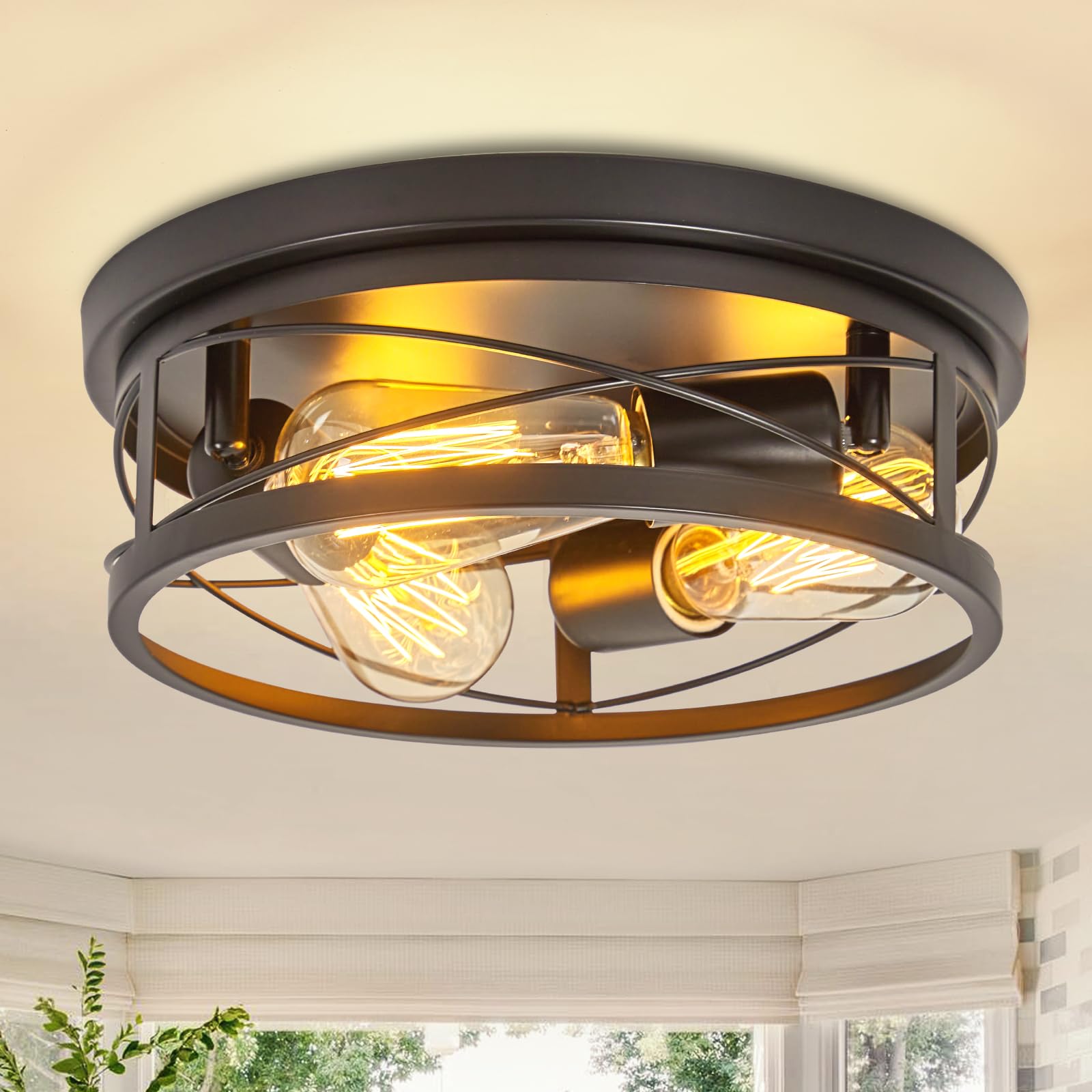 foucasal Farmhouse Ceiling Light Fixtures Black Flush Mount Ceiling Light 3-Light Vintage Kitchen Light Fixtures Metal Cage Ceil