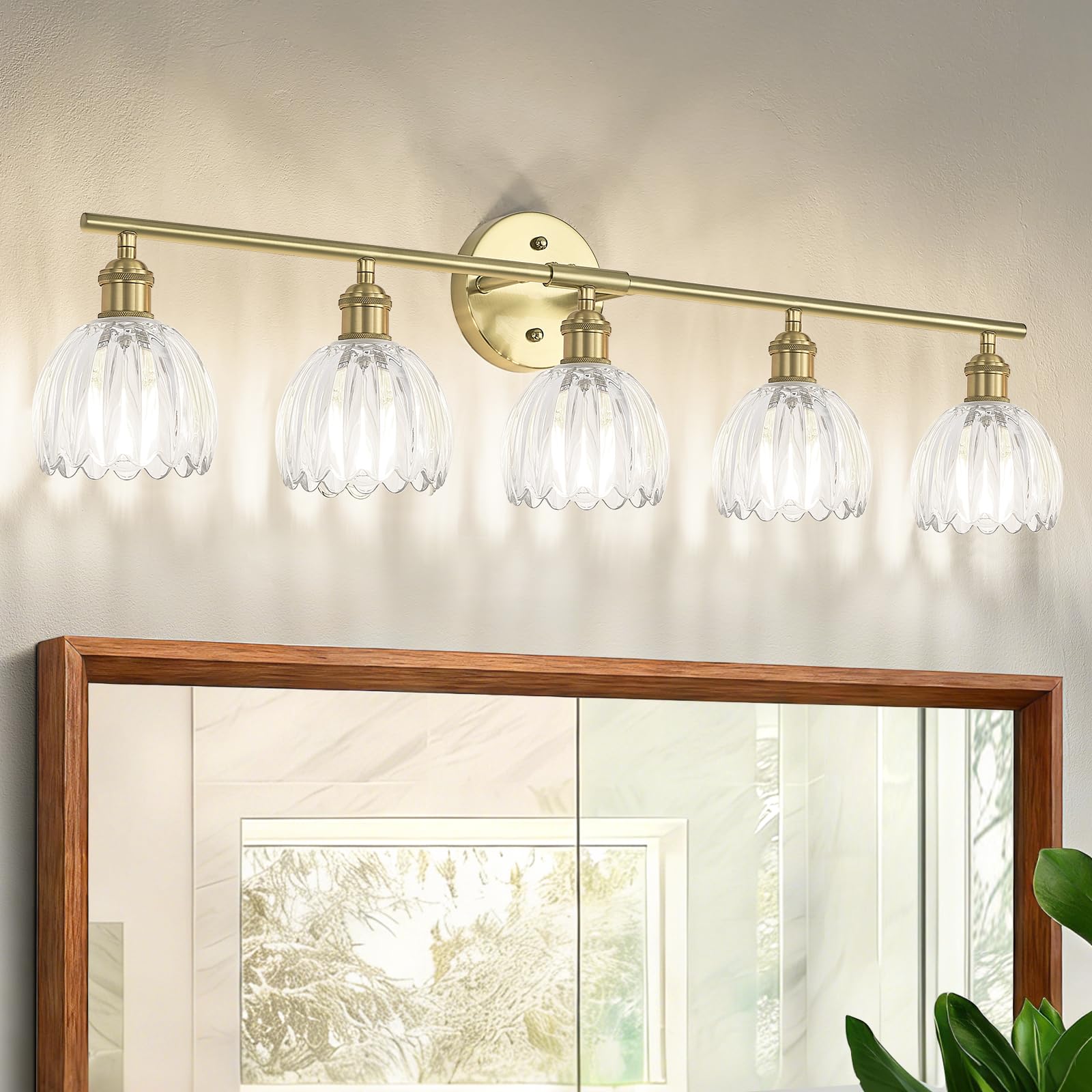 Kvhiiw Vintage Bathroom Light Fixtures,5-Light Hardwired Vanity Lights with Clear Tulip Glass Shade,Gold Bathroom Vanity Light f