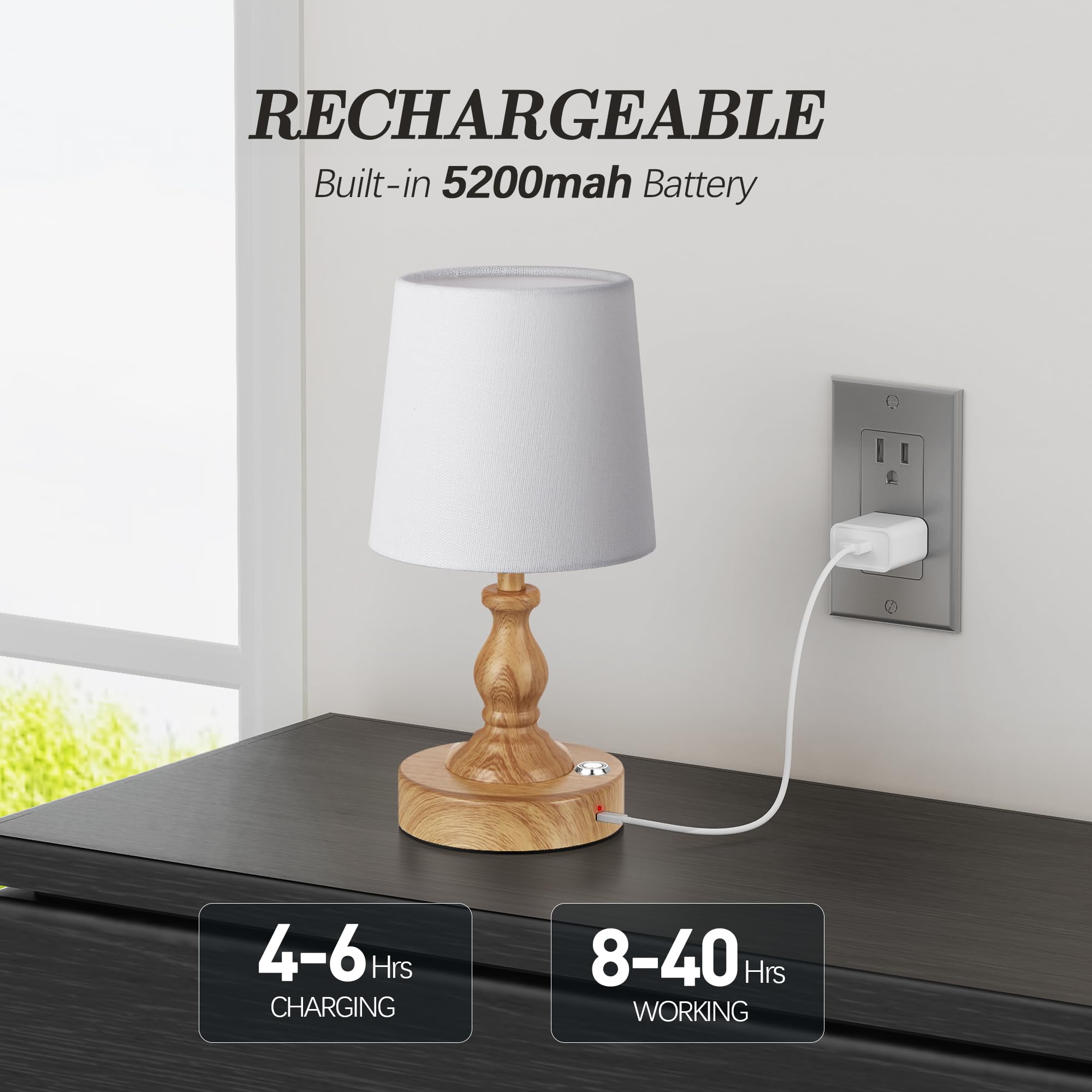 PARTPHONER Mini Cordless LED Table Lamp - Rechargeable 5200mAh, Touch Dimmable, 3-Level Brightness, Wood Grain Finish, Model STR-LP-TL001