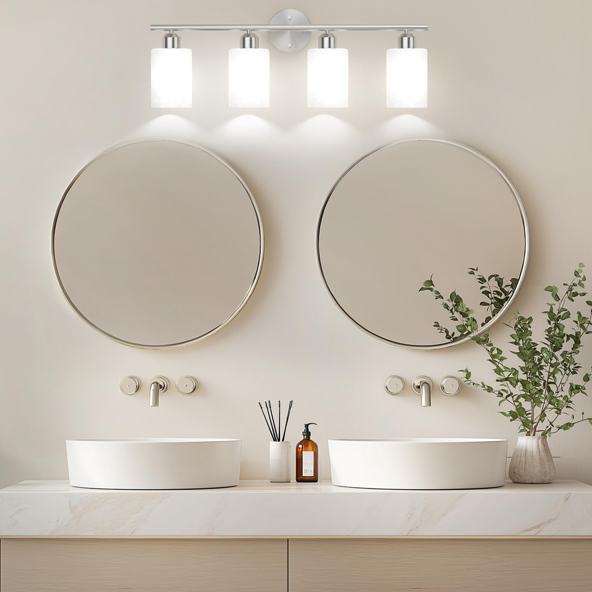 Espird Brushed Nickel Bathroom Vanity Light Fixtures, 4 Lights, Textured Frosted Opal Glass Shades, Model L01-4-NL-W