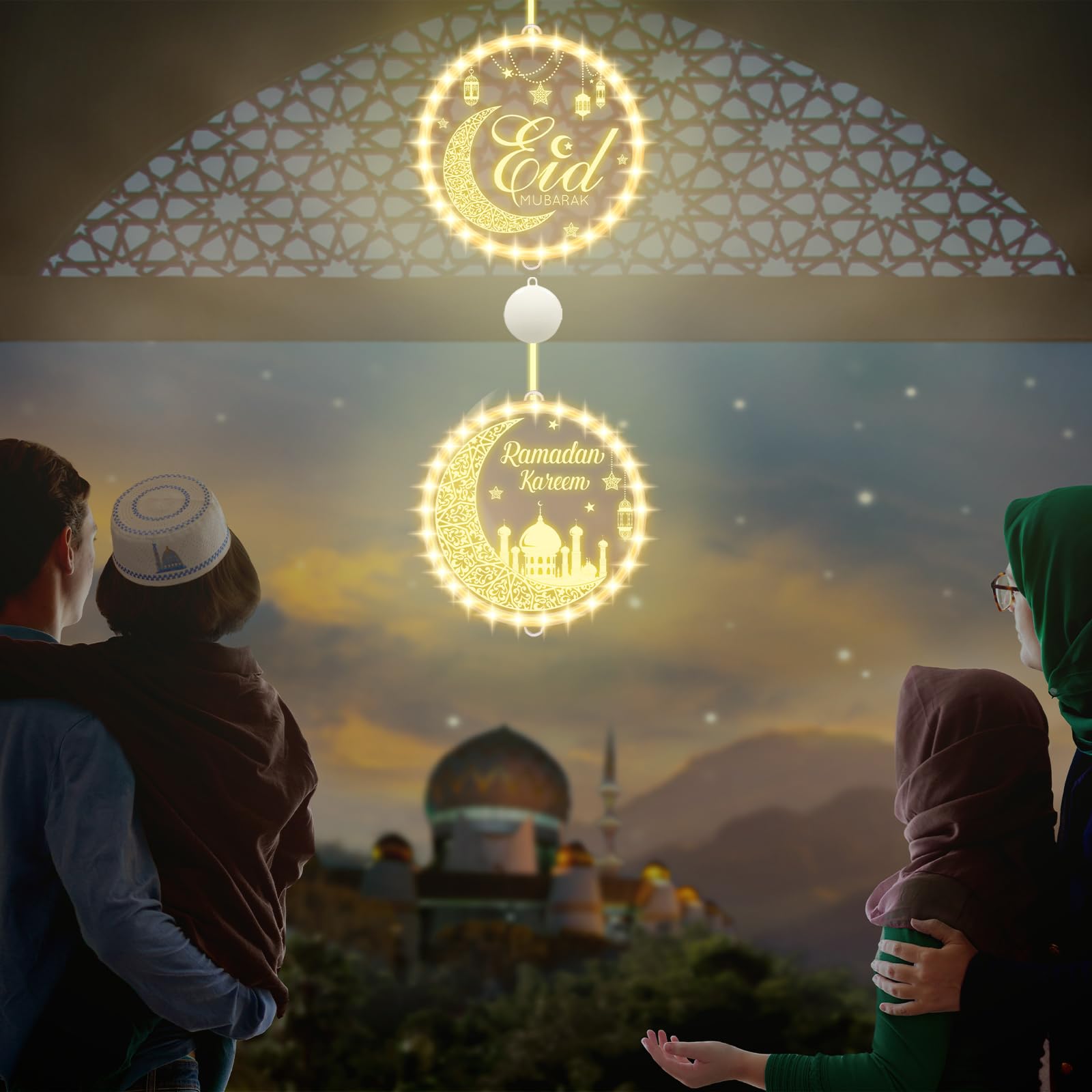 gisgfim 3D Eid Ramadan Mubarak Lights - Battery Operated, Acrylic, White, Model MM1518, Indoor/Outdoor Decoration