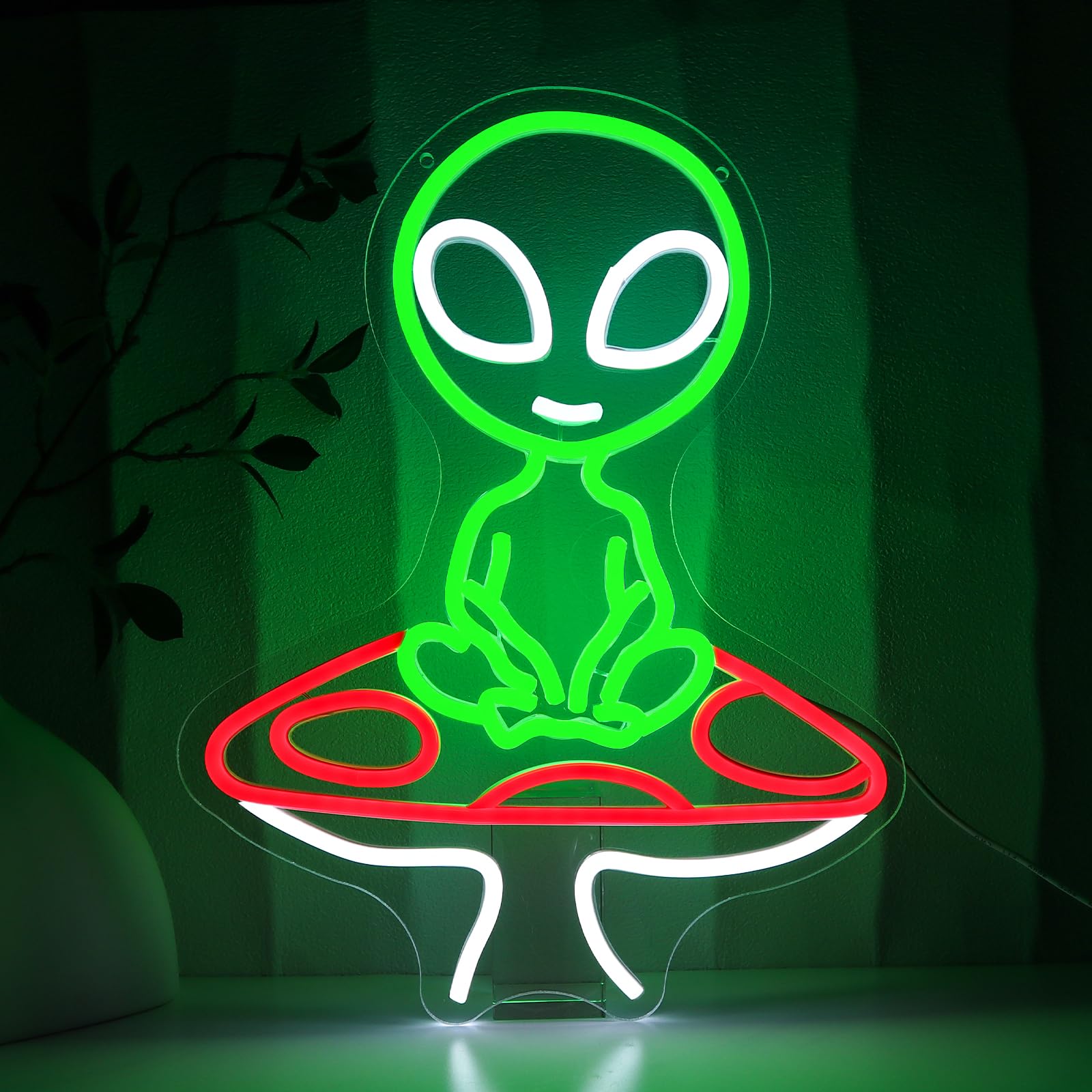 PMCVYH Neon Alien Sign, USB Dimmable Wall Decor, Acrylic, Green Red White, Model SYL-Mushroom Alien