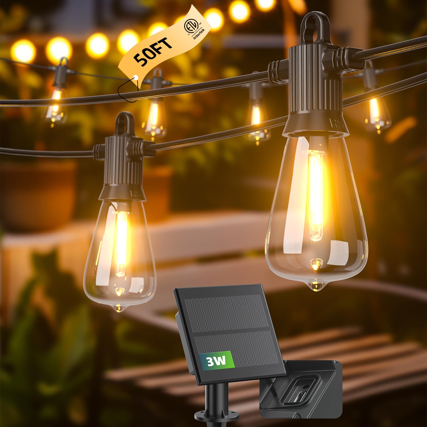 Kawaya Solar Powered String Lights, 50FT, 25+2 Edison Bulbs, USB-Charging, IP65 Waterproof, Black, Model YAST38-50FT