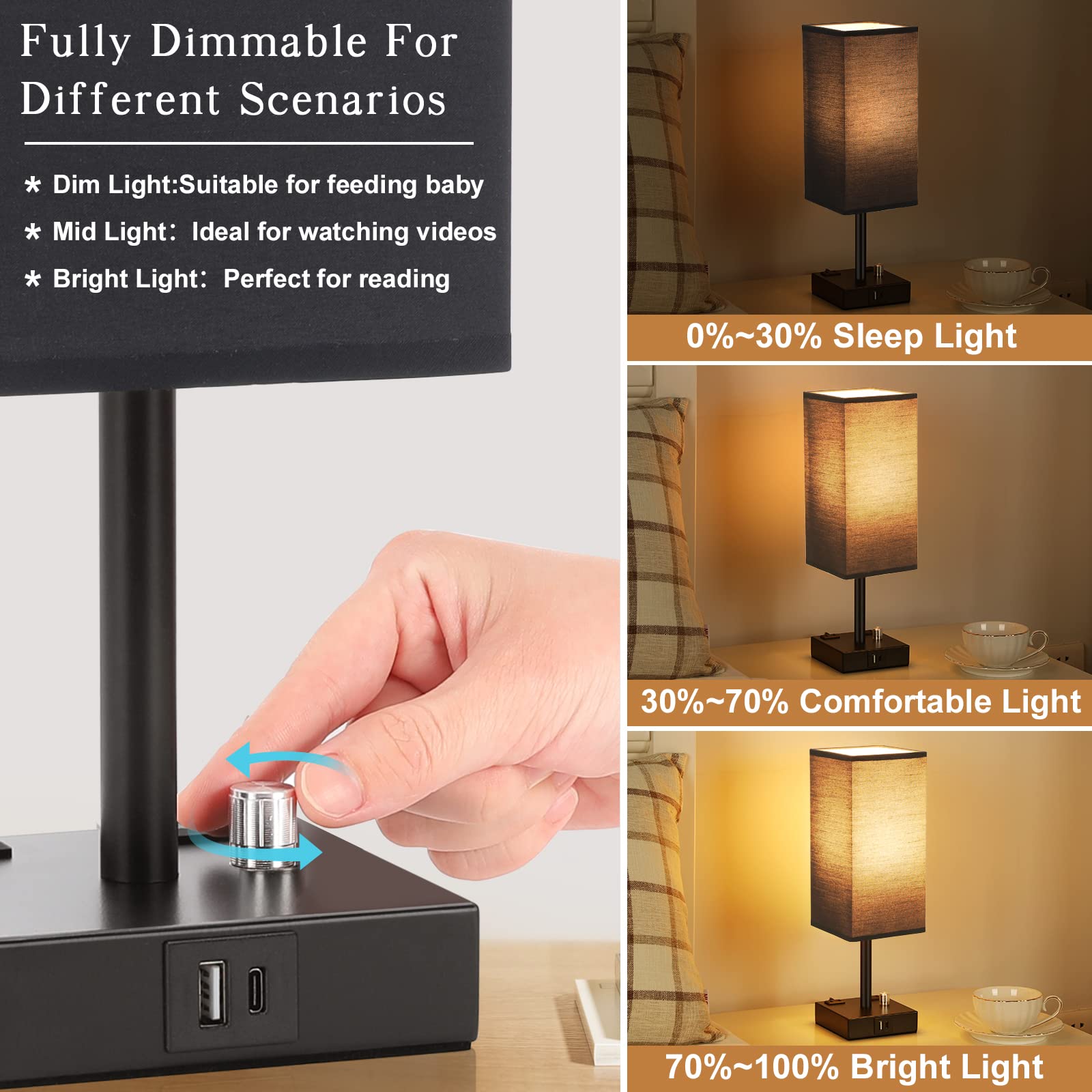 Black Fully Dimmable Nightstand Lamps Set Of 2 - Table Bedside Lamp With Usb C+A Charging Ports & 2 Ac Outlets, Square Lamp Sets