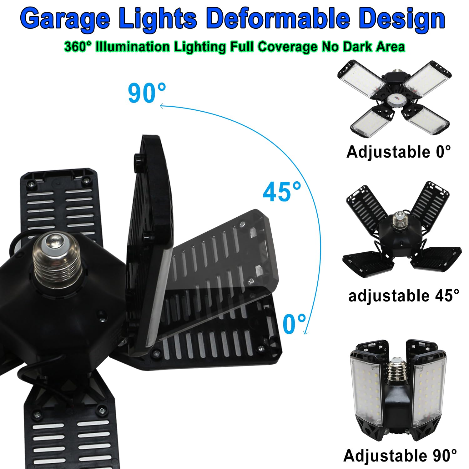 Meiqils 150W LED Garage Light 2-Pack, 15000 Lumen, 4+1 Adjustable Panels, 6500K Daylight, Black, Acrylonitrile Butad