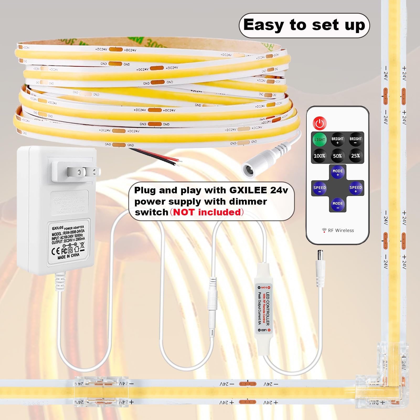 Gxilee Cob Light Strip Cri 93+ Flexible Uniform Warm Led Strip Lights 24V 16.4Ft Non-Waterproof For Cabinet, Bedroom, Kitchen Cl