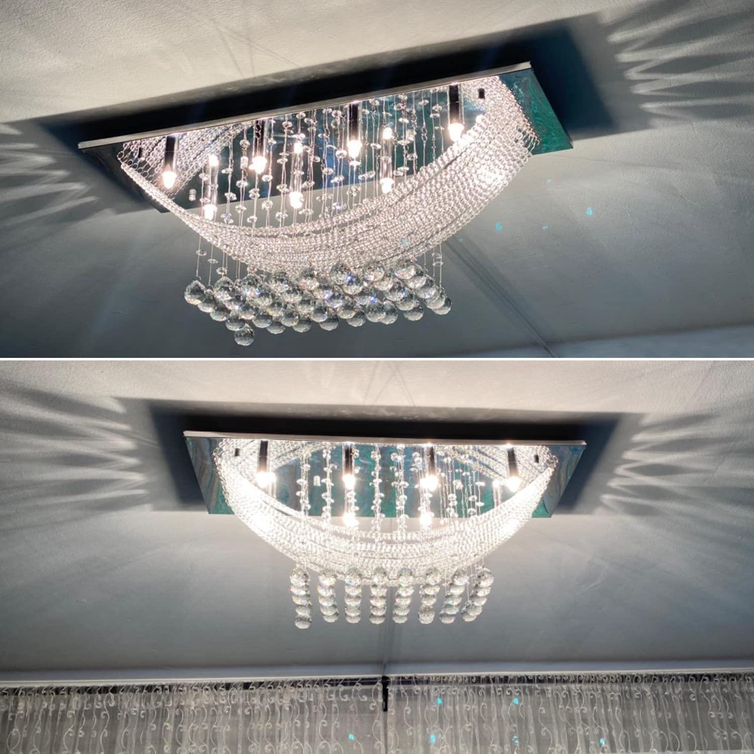Silver Rectangle Crystal Raindrop Chandelier For Living Room, 8 Lights Modern Flush Mount Crystal Ceiling Light Fixture Pendant