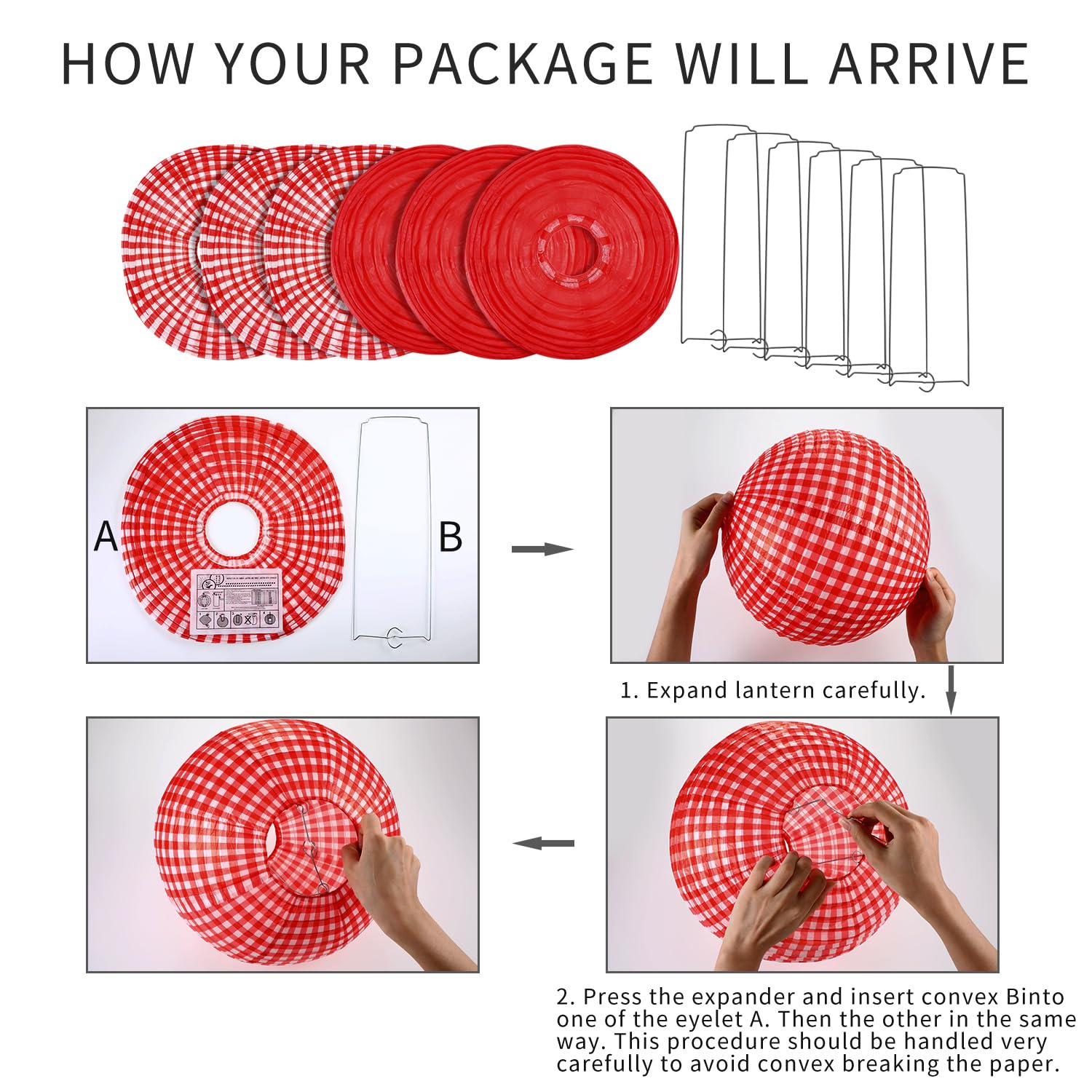 Blulu Picnic Party Decorations - 24 Red Paper Lanterns, Checkered Round Design, Red and White, Ideal for BBQ and Pizza Parties
