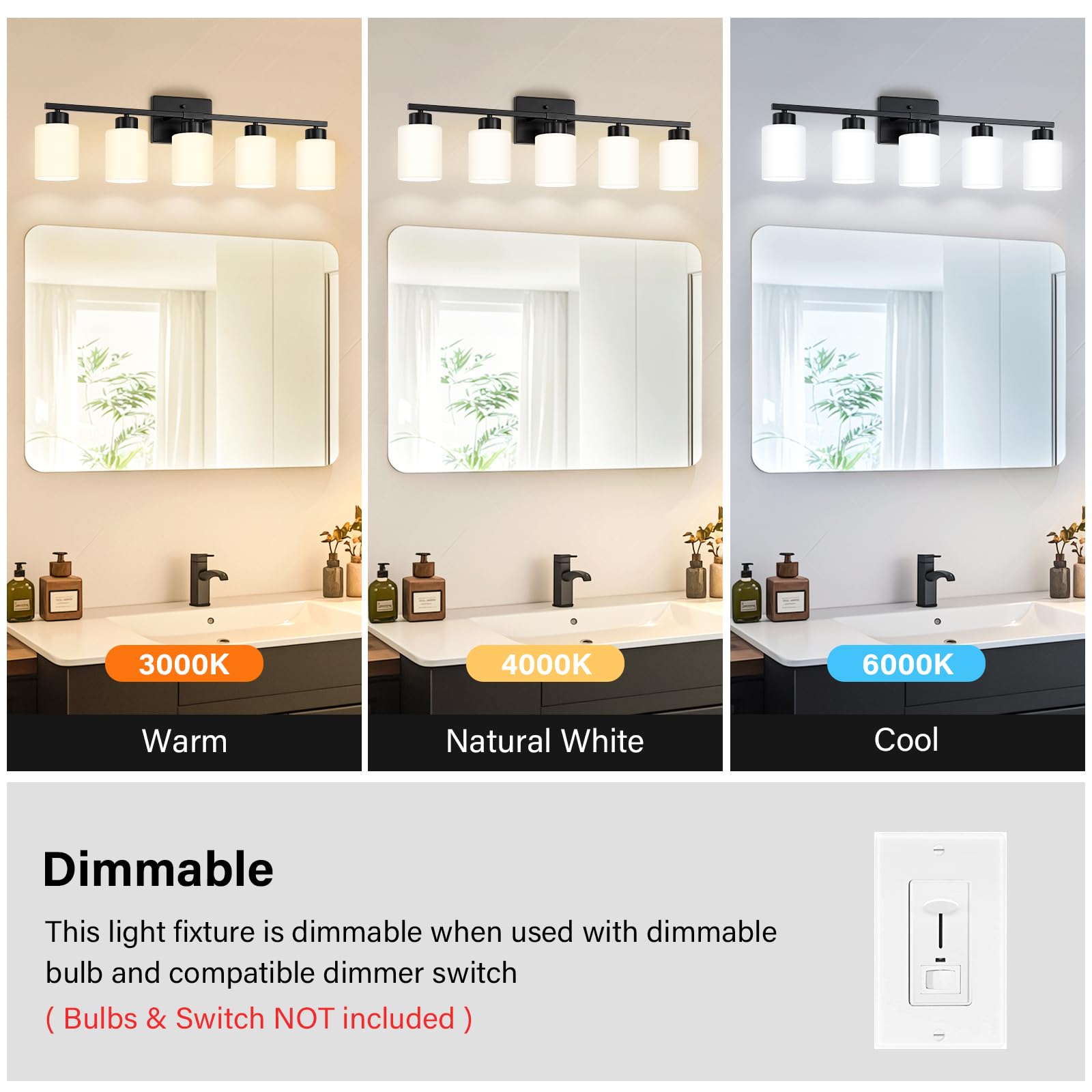 Fonmyim Black Bathroom Light Fixtures, 5-Light Modern Vanity Light Over Mirror, Wall Sconces With Milky White Frosted Glass Shad