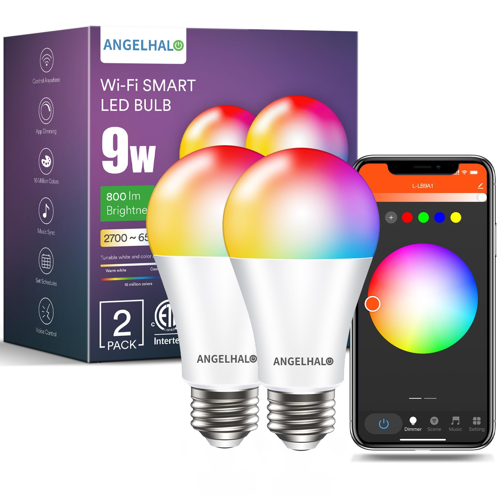 Angelhalo Smart Light Bulbs, Color Changing A19 Led Light Bulb, Work With Alexa And Google Assistant, Wi-Fi & Bluetooth Light Bu