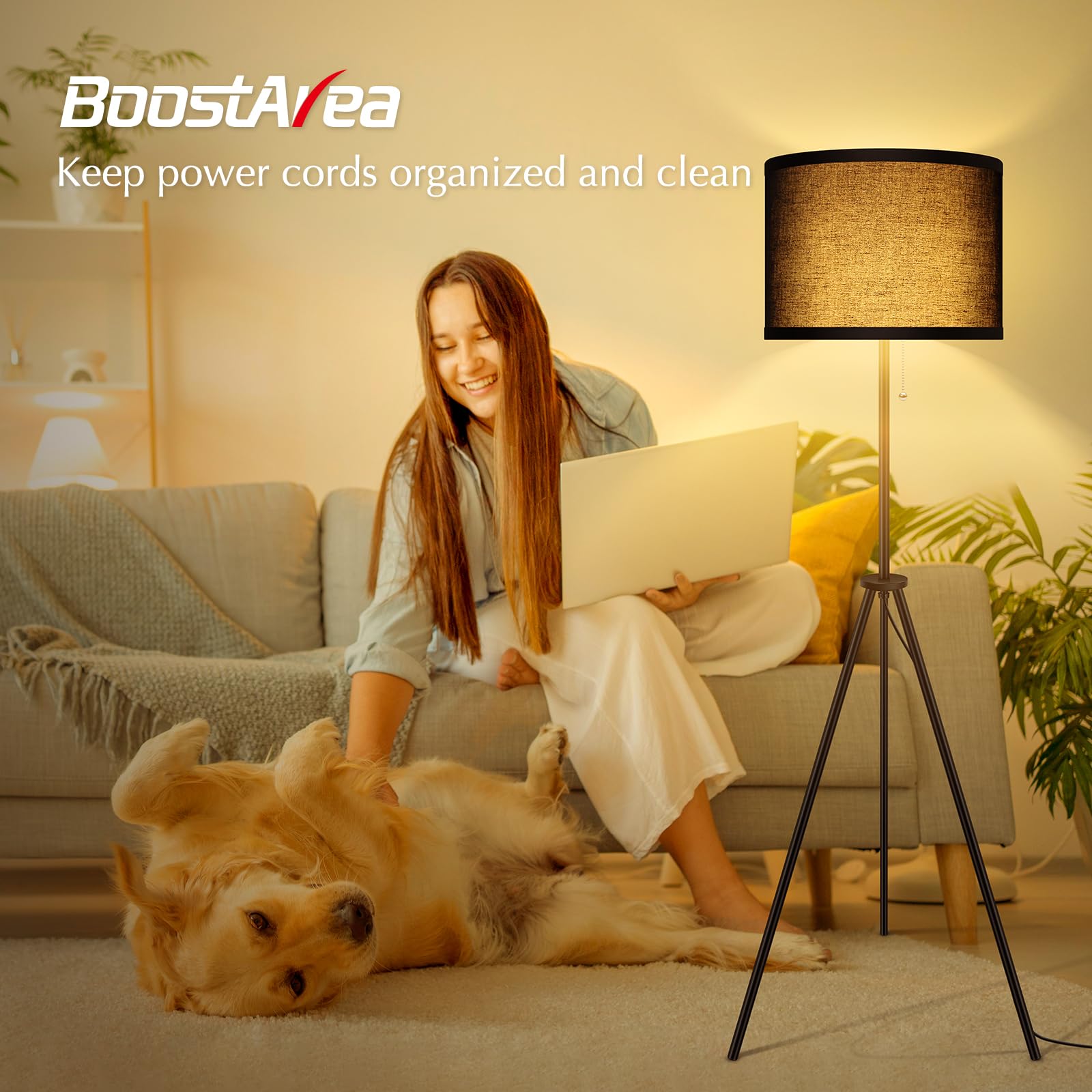 Boostarea Floor Lamp For Living Room,59.5'' Tripod Floor Lamp, Black Linen Lamp Shade, Mid Century Standing Lamp For Living Room