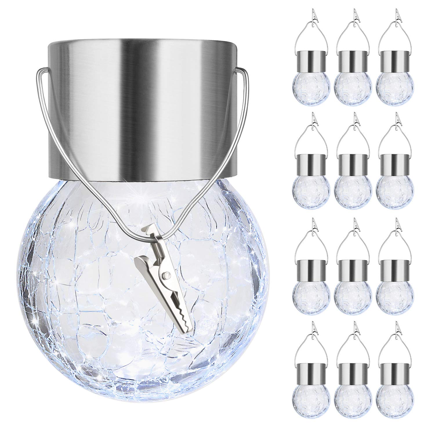 Maxvolador 12-Pack Hanging Solar Lights Outdoor,Decorative Cracked Glass Ball Light,Solar Powered Waterproof Globe Lighting With Handle For Garden,Yard,Patio,Tree,Holiday Decoration(Cool White)