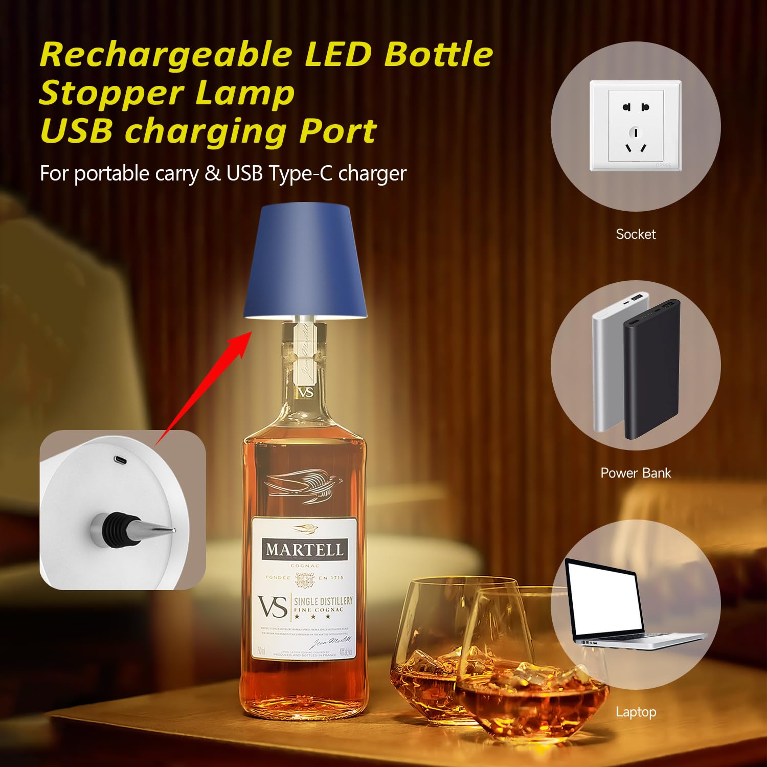 Hoide Wireless Bottle Lamp - Touch Dimming, Rechargeable, Waterproof - 5.7in, Sapphire Blue