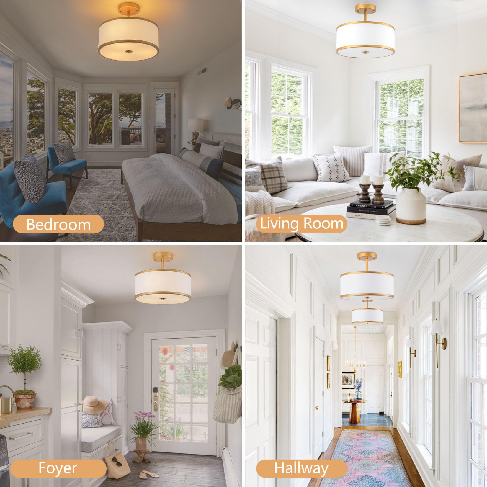 Bargeni Semi Flush Mount Ceiling Light,12.5 Inch Drum Ceiling Light,Antique Brass Finish Flush Mount Light Fixture With Fabric S