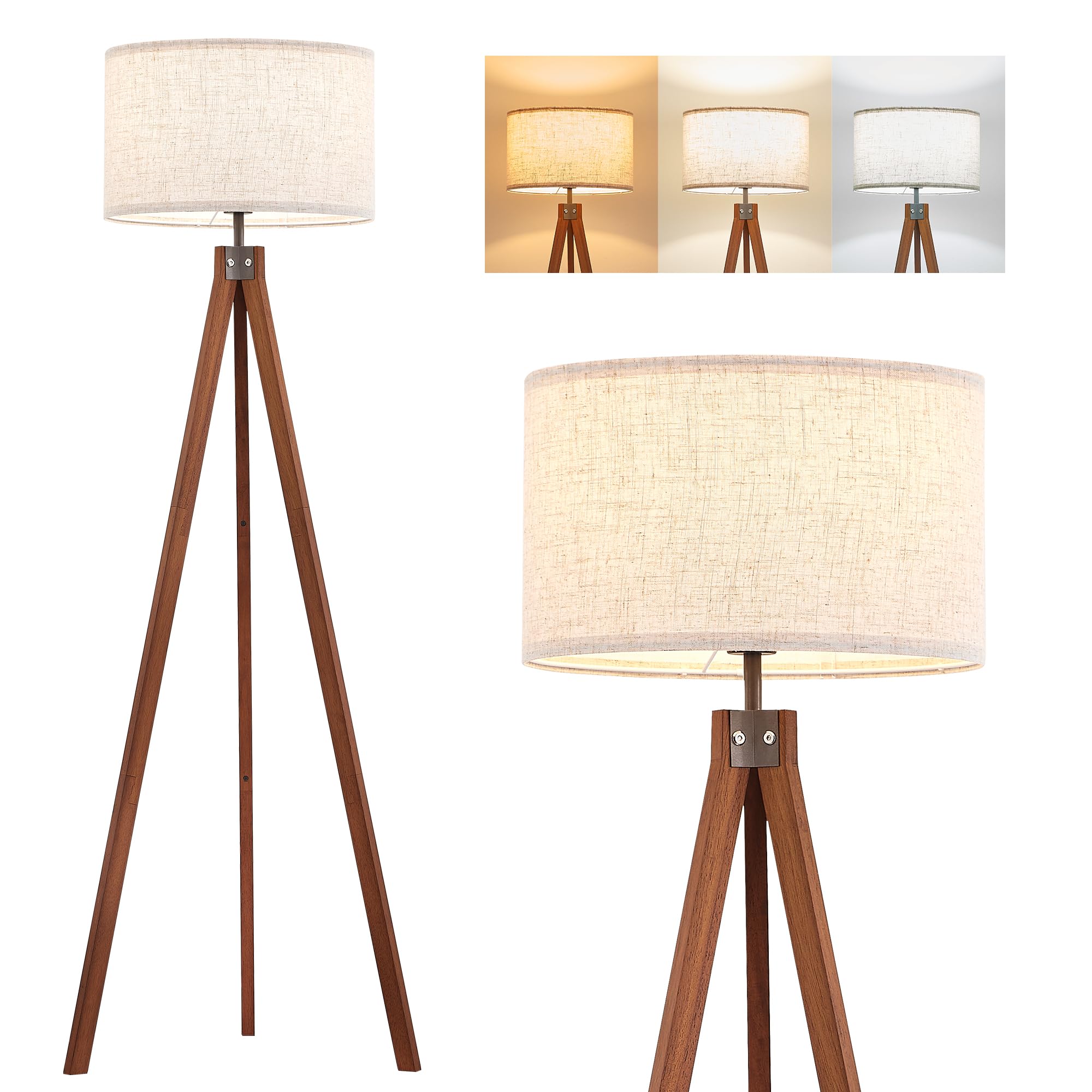 Elyona Solid Wood Tripod Floor Lamp With 3 Color Temperatures Led Bulb, Mid Century Modern Reading Standing Light Nature Linen S