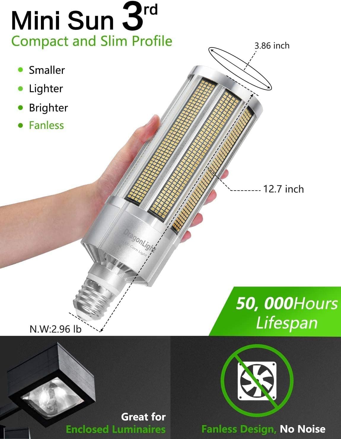 Dragonlight 240W Commercial Grade Corn Led Light Bulb Fanless(1000 Watt Mh/Hps Replacement) E39 Large Mogul Base Led Lamp 5000K