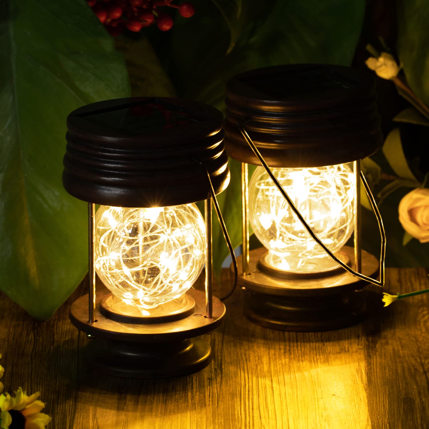 Pearlstar Solar Lanterns Outdoor Hanging Solar Lights, 2Pk Table Lamps With Retro Design, Garden Lantern Vintage Design For Land