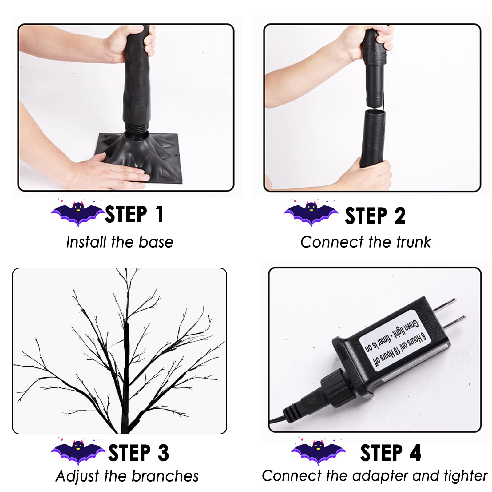 2-Pack 4FT Lighted Black Halloween Tree with 96 LED Orange & Purple Lights (Higher Size & Floor Standing), Halloween Decorations