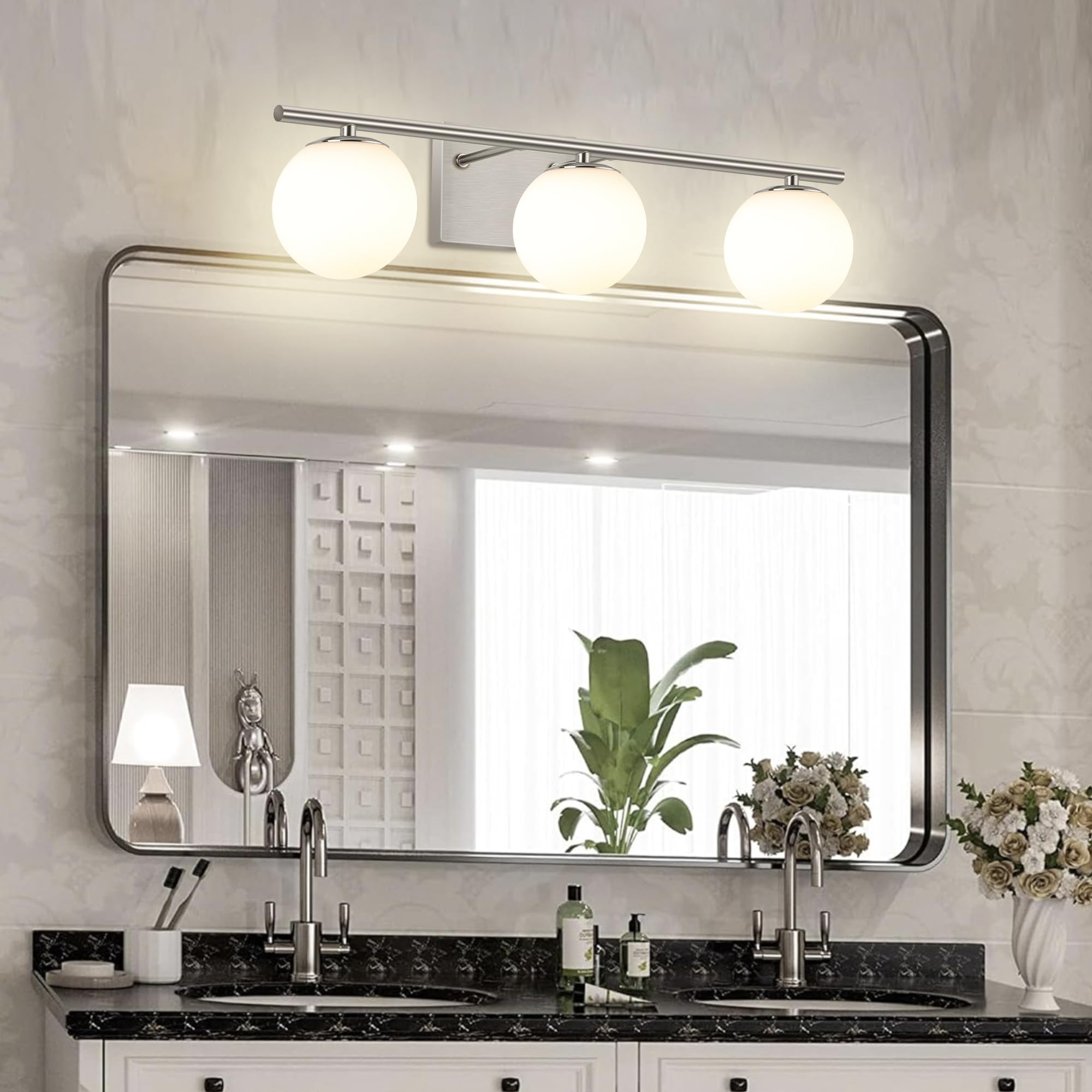 YHTlaeh New Bathroom Vanity Light Fixtures 3 Lights Brushed Nickel Glass Shade Modern Wall Bar Sconce Over Mirror