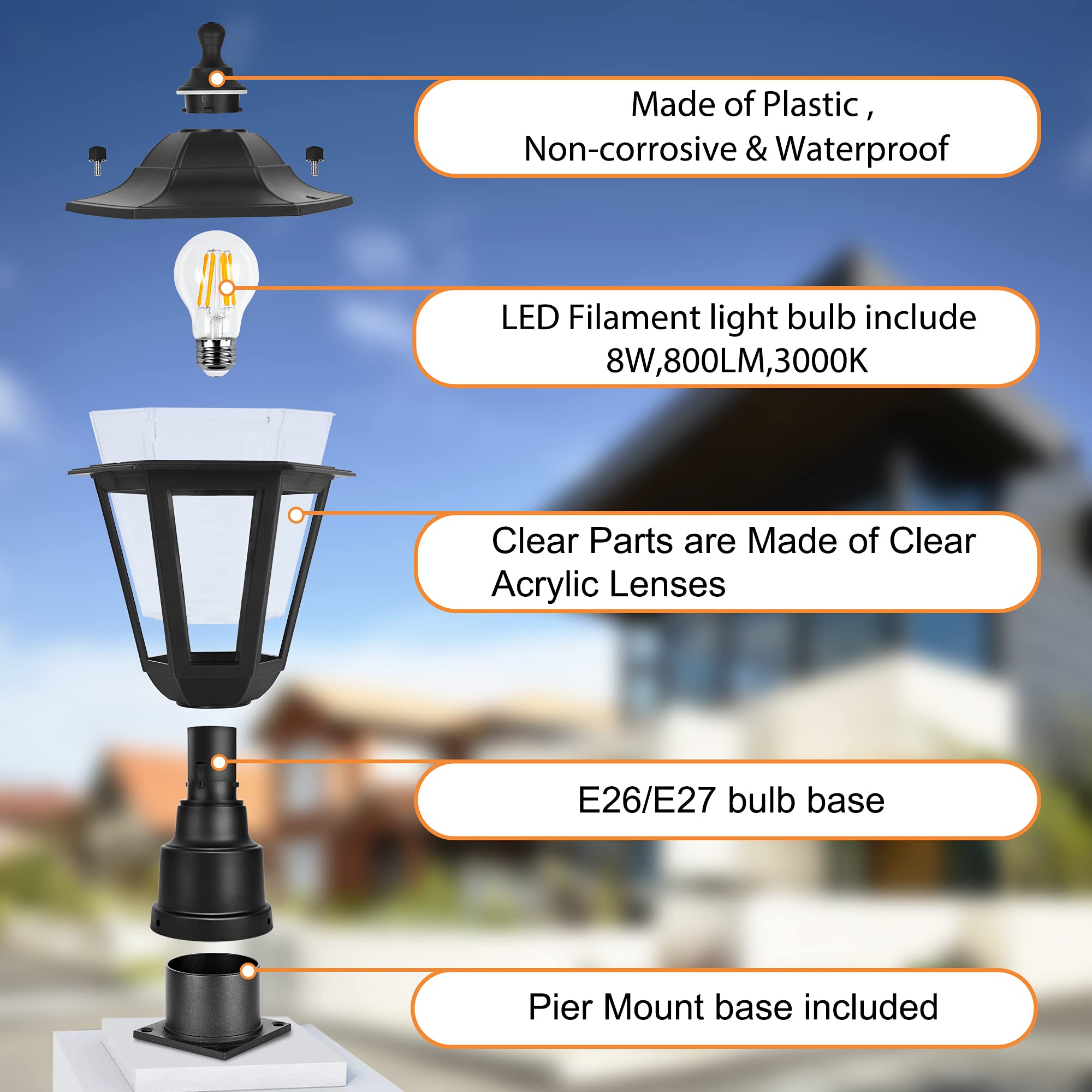 FUDESY Outdoor Post Light Fixture - Waterproof Black Plastic Lantern, E26 Socket, Model FDS6163B1, LED Bulb Included