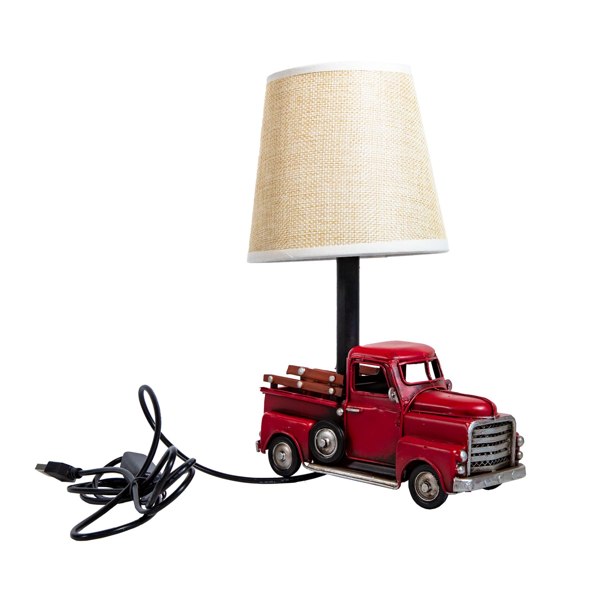 Berfutall-Decorative Rustic Red Vintage Truck Usb Table Lamp,Night Light With Burlap Shade, 6.7 X 4.7 X 6.7 Inches