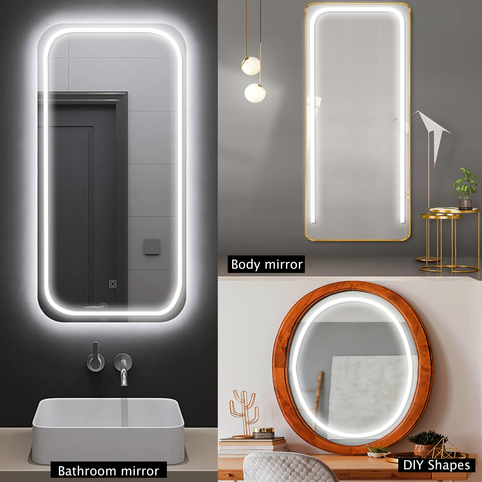 Blikshin LED Vanity Mirror Lights - 6.6FT Dimmable Self-Adhesive Strip, 6000K White Lighting for Makeup Table & Bathroom, Model dd-03m
