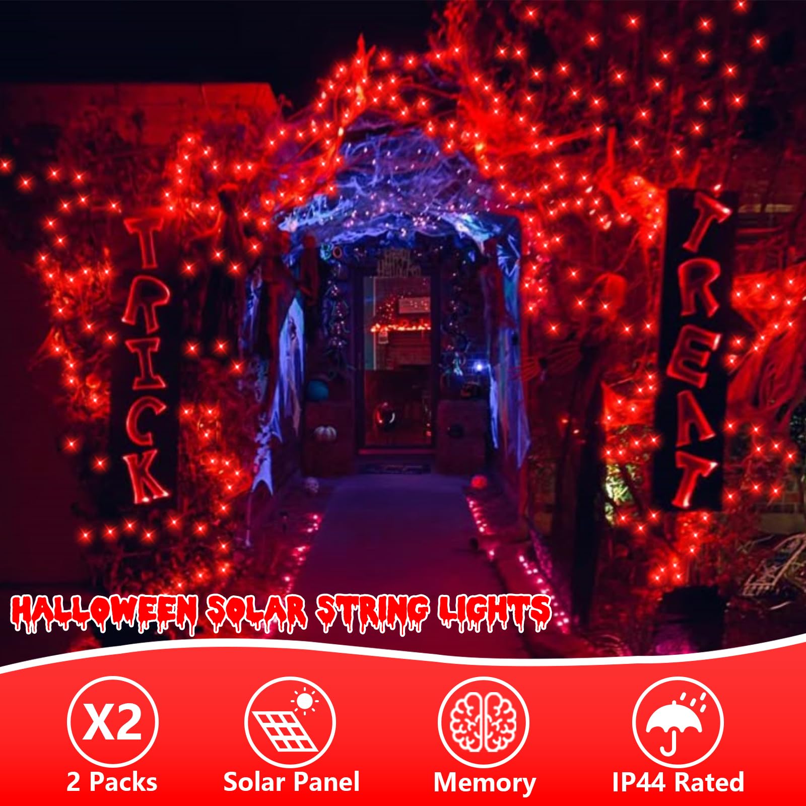 QITONG Red Solar Christmas Lights, 200 LED Waterproof String Lights, 66ft, 2 Pack, Green Wire, 8 Modes