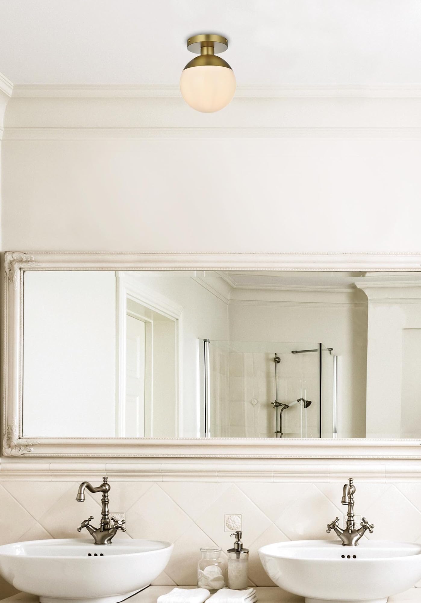 Living District Eclipse 1-Light Metal & Glass Flush Mount in Frosted White/Brass