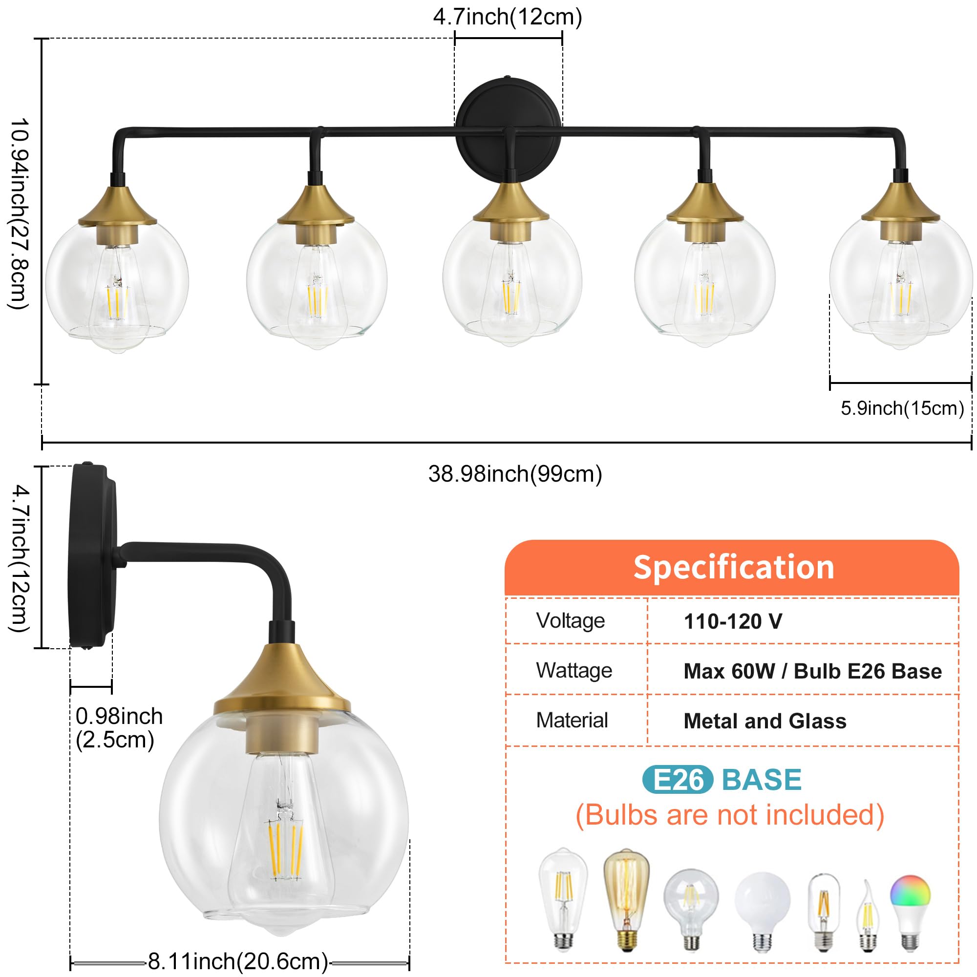 Gednbo Bathroom Vanity Light, 5-Lights, Metal, Black and Gold, Model G1796, Clear Glass Shade, E26 Base, 39 Inch Lighting Fixture