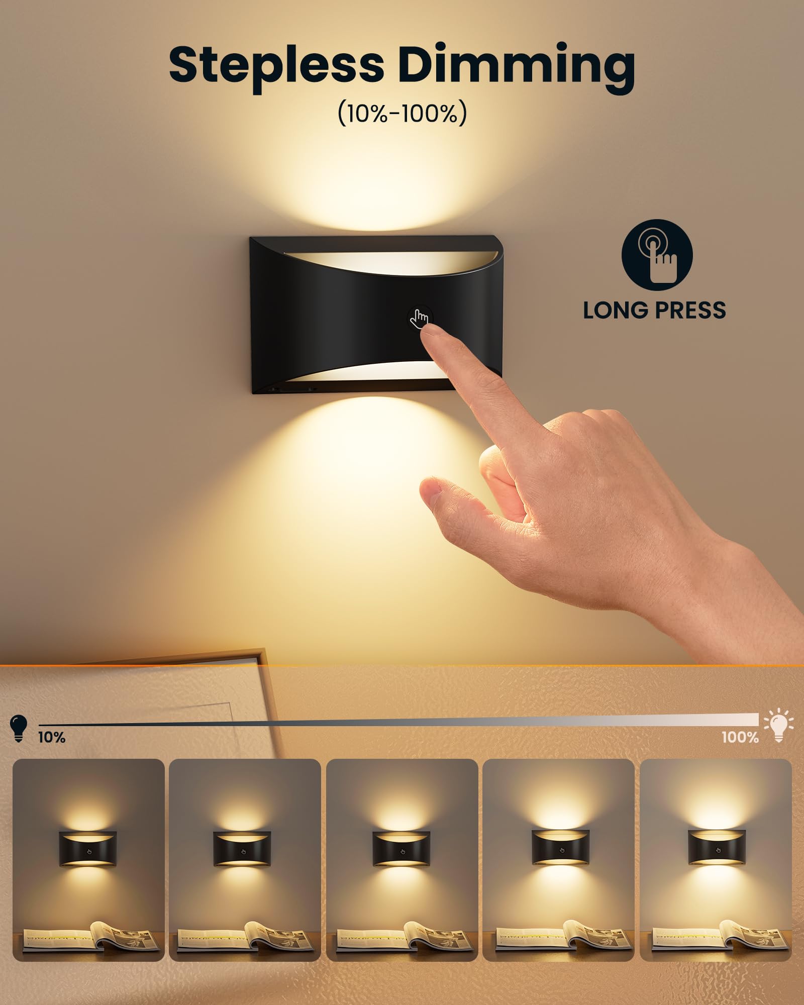 Brightown Magnetic Wall Sconces Set Of Two  Rechargeable Battery Powered Wall Sconce With Remote Control  3 Colors Wireless Up And Down Wall Mount Light For Hallway Bedroom Bedside Living Room (Black)