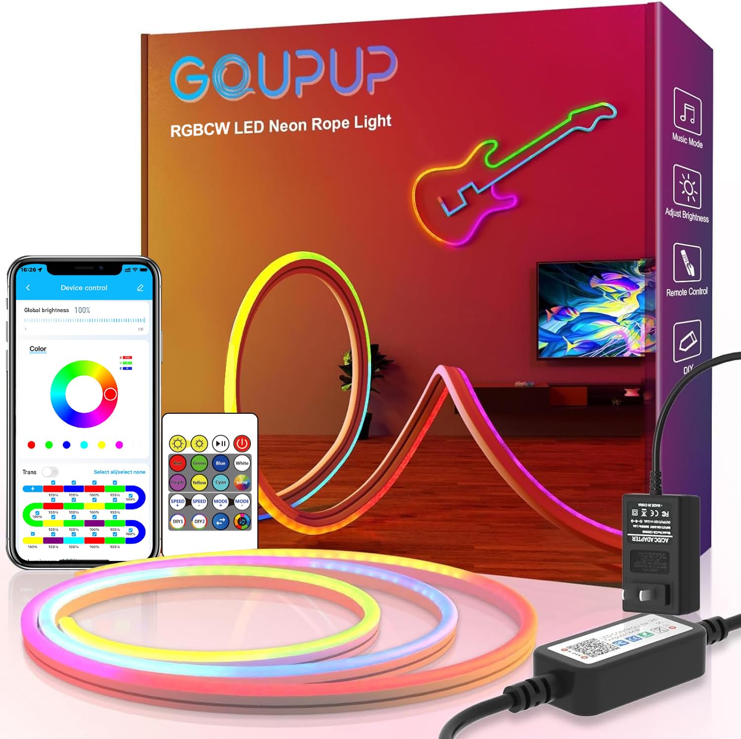 GUPUP Neon Rope Lights, Bluetooth LED Strip, 9.8FT, IP65 Waterproof, Multicolor RGBCW, Music Sync, Remote Control