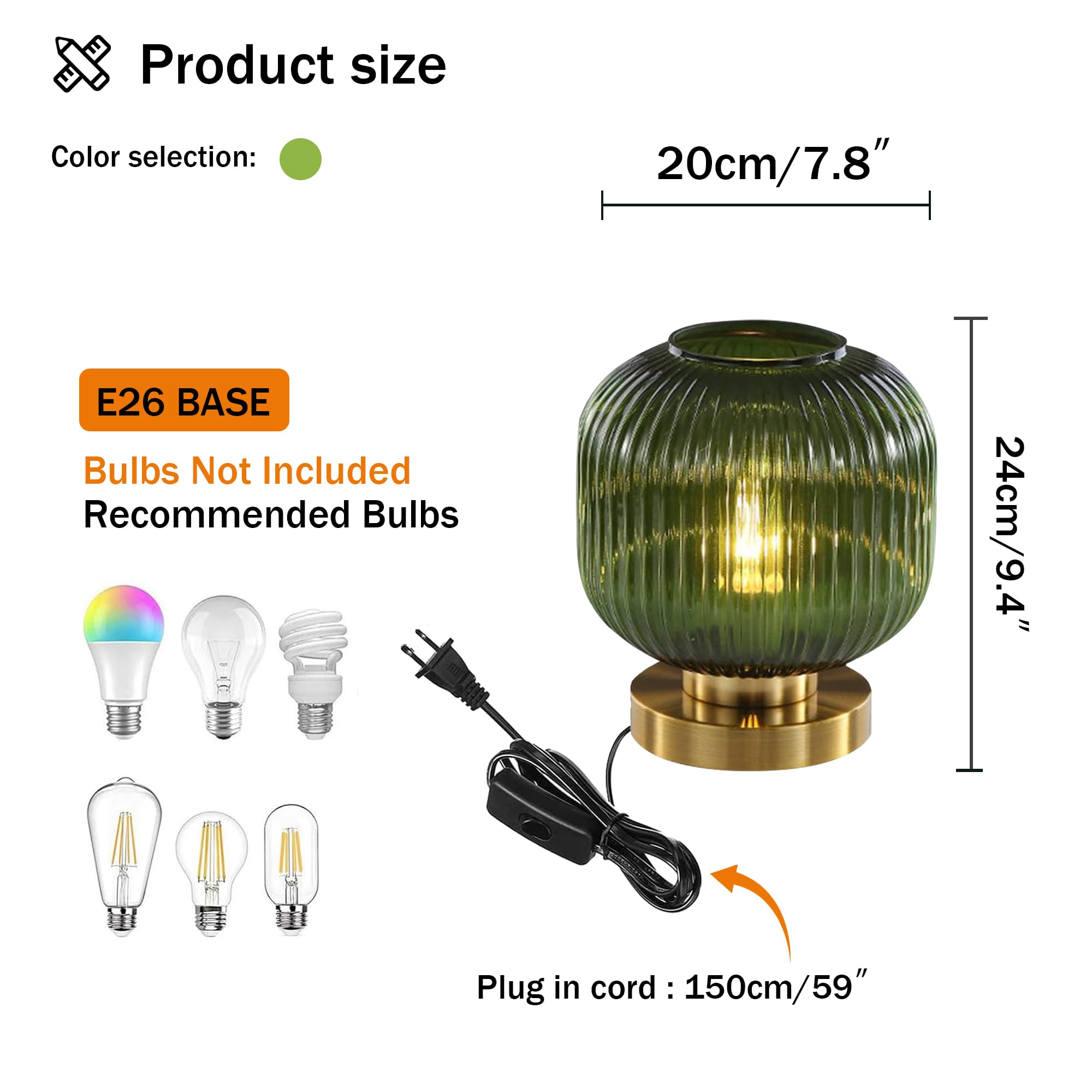 Doungros Green Table Lamp Glass Nightstand Lamp Mid Century Modern Gold Desk Lamp With Green Pumpkin Design Ribbed Glass Bed Side Lamp For Bedroom Living Room Office