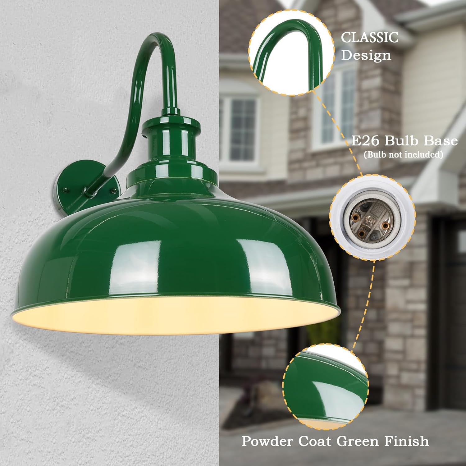 Diyel Outdoor Barn Light  16 Inch Dome Rustic Outdoor Wall Sconce  Farmhouse Exterior Wall Mount Lighting Fixture  Industrial Green Wall Lantern For Porch  Entryway  Garage  Rz007L Gr+Wh