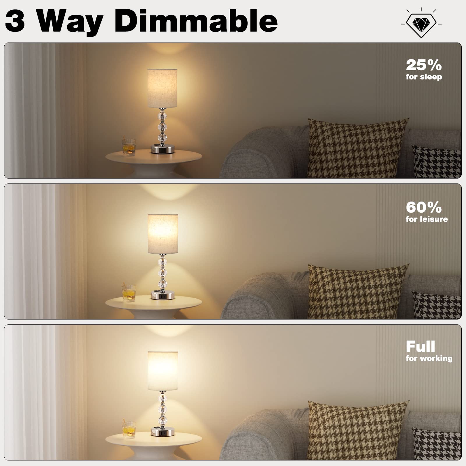 Acaxin White Crystal Table Lamp - 3-Way Dimmable With Usb C+A, 14.6In Nightstand Light For Bedroom, Living Room, Kitchen