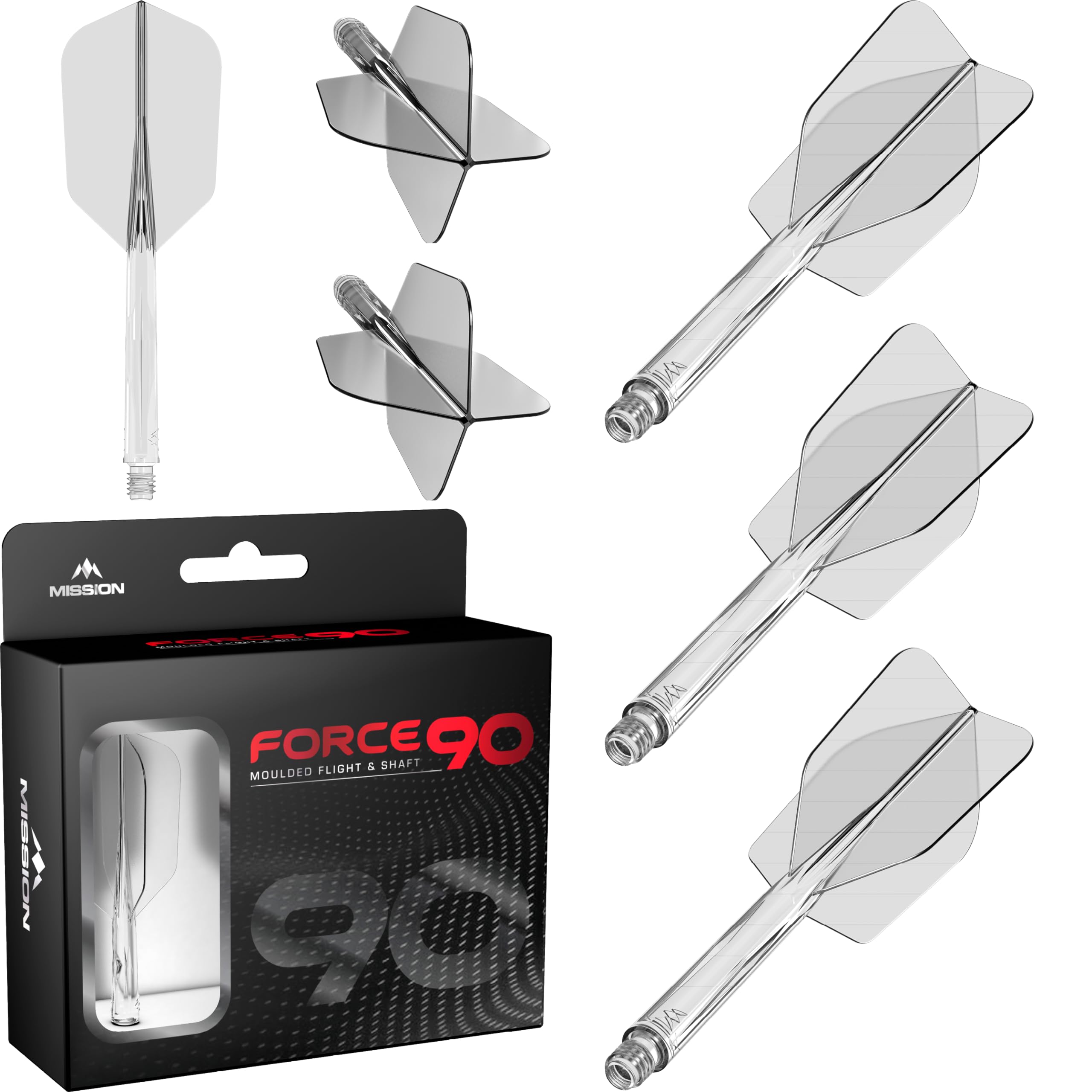 Mission Darts Force 90 Professional Dart Flights and Shafts, Slim Short, Transparent, Durable 2-in-1 System, Pack of 3