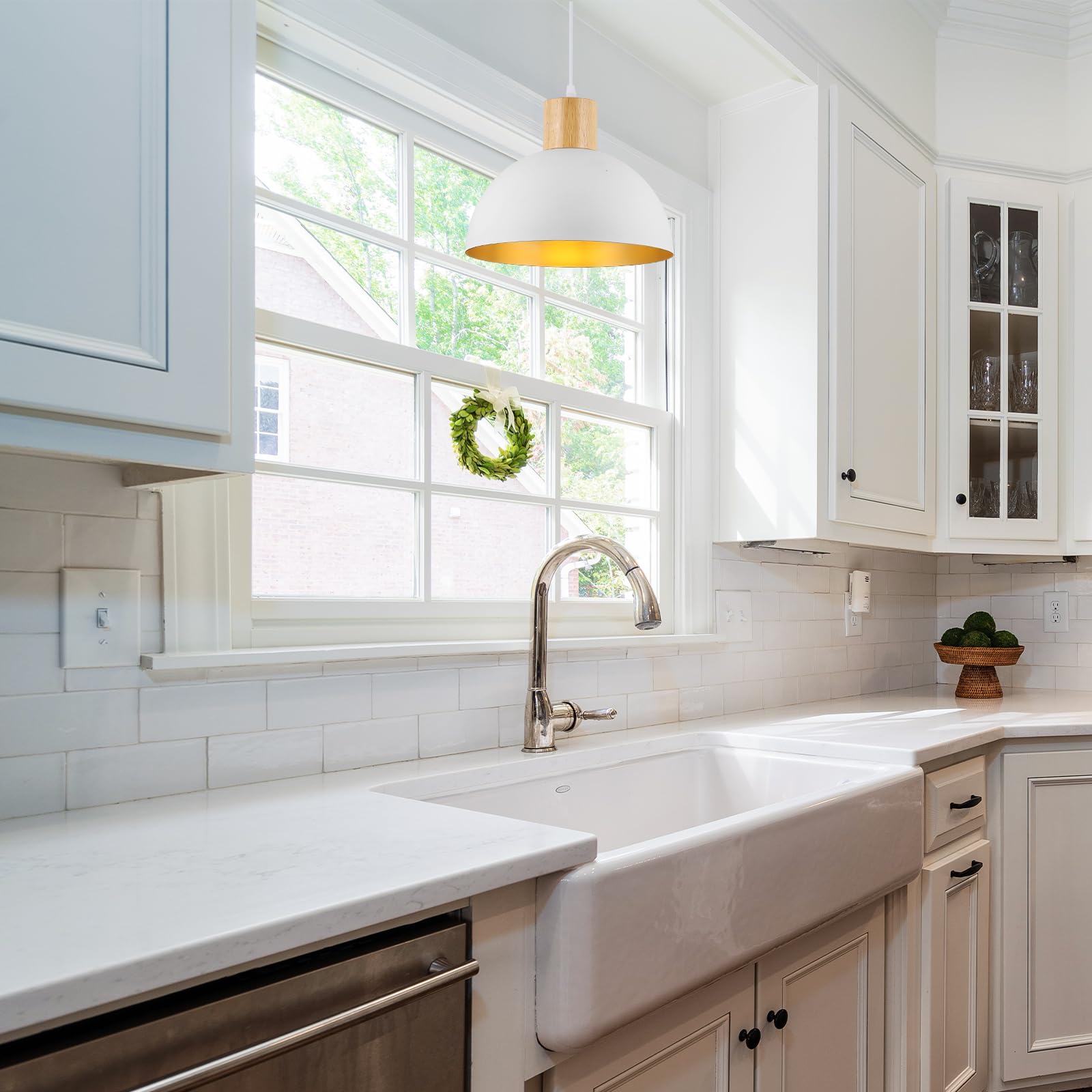 Qianzhan White Pendant Light, 11.8'' Wood Dome Pendant Lights Fixtures Adjustable Modern Hanging Lighting, For Kitchen Island Di