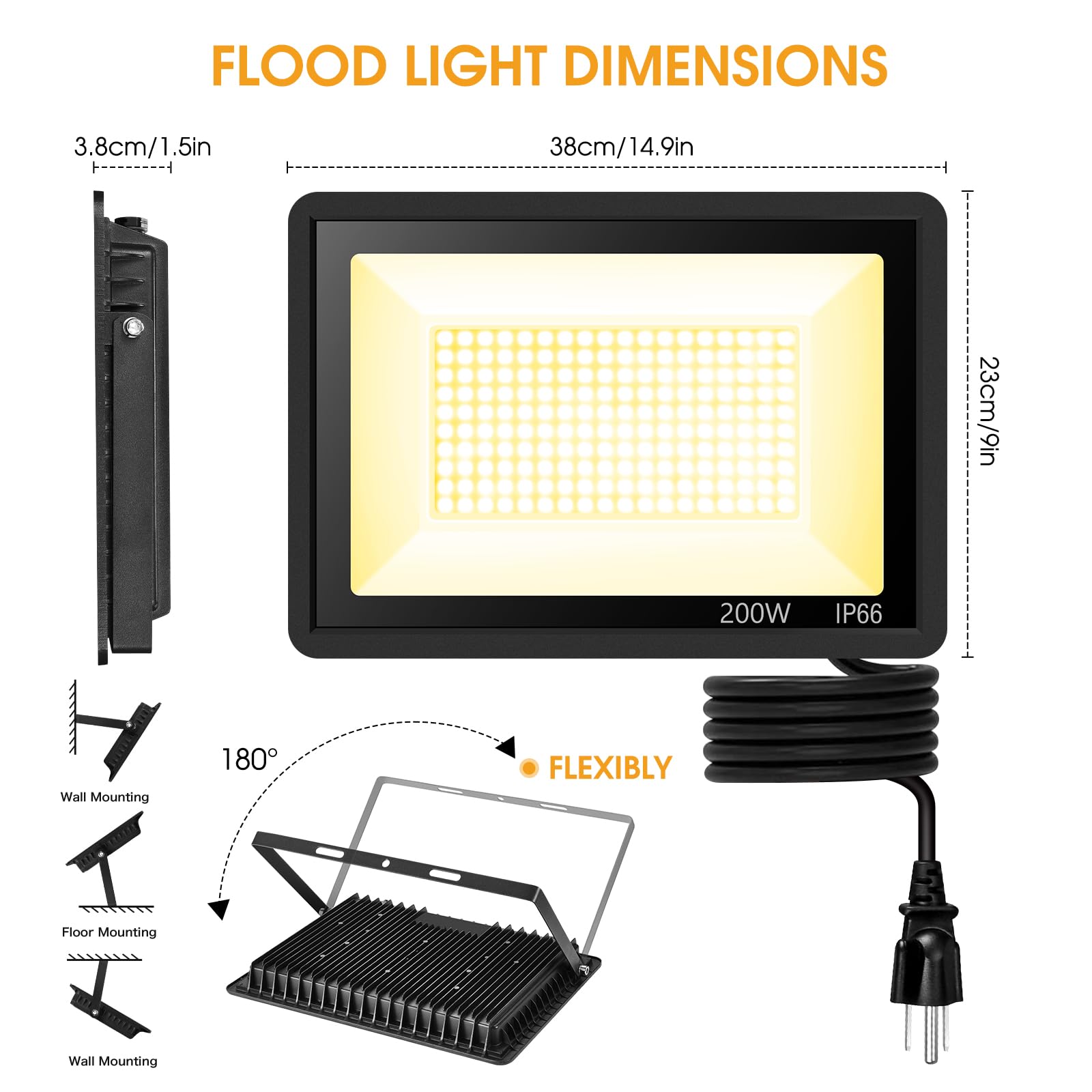 Yanycn 2 Pack 200W Warm White Led Flood Lights Outdoor,3000K Super Bright 15500Lm Security Lights With Plug,Exterior Ip66 Waterp