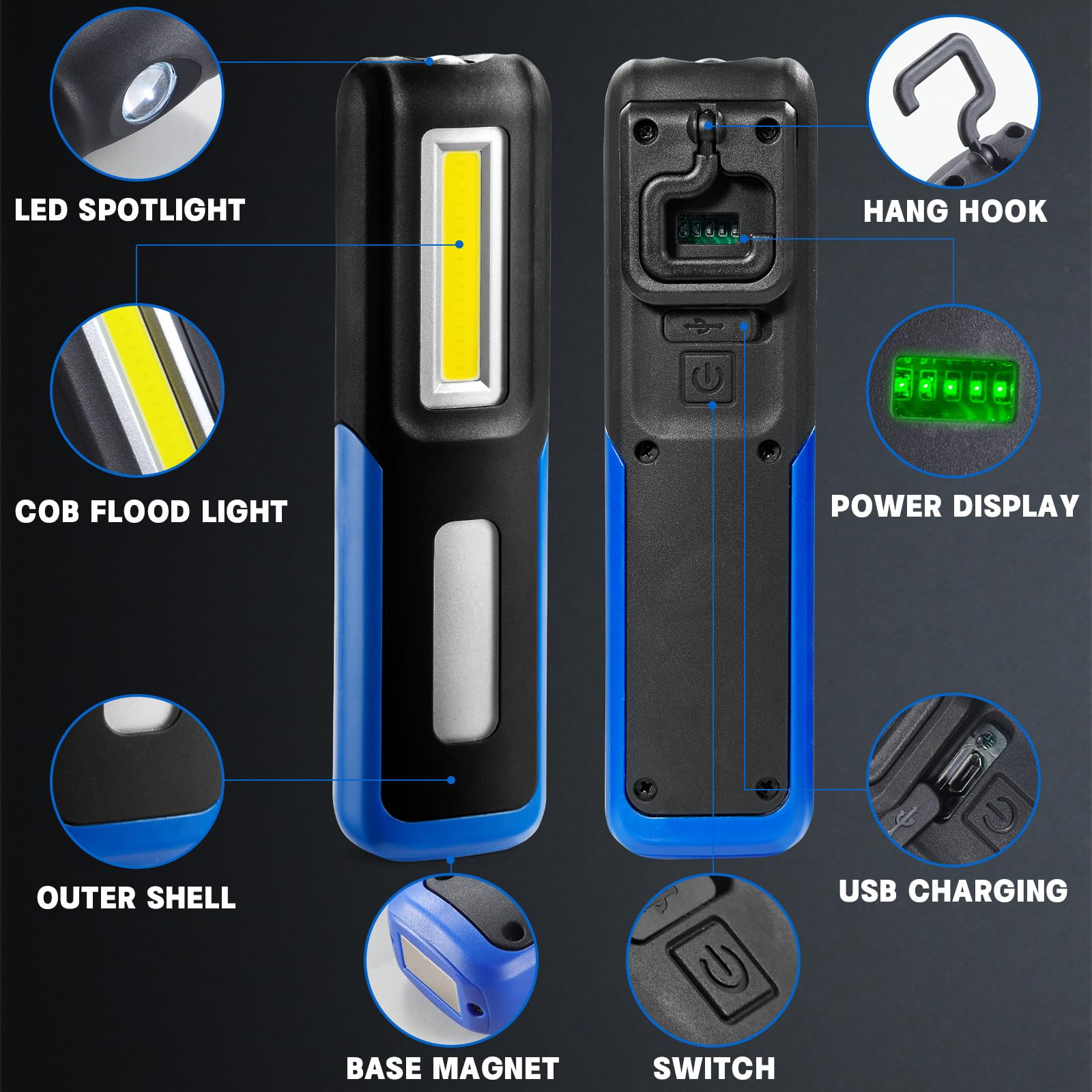 Shinrow Work Light, 1000 Lumens Bright Led Work Lights, Rechargeable Work Light For Mechanics Portable& Cordless, With Rotate Magnetic Base&Hooks, Mechanic Light For Car Repair/Inspection/Workshop