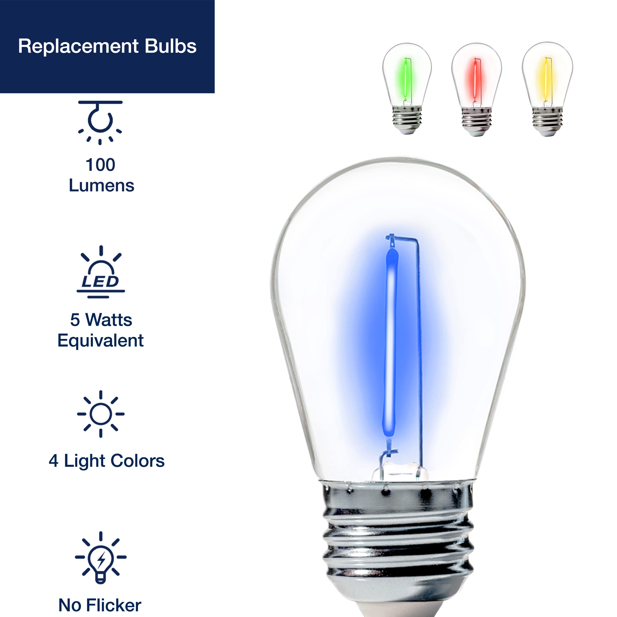 FLSNT 24-Pack S14 LED String Light Bulbs, Waterproof E26 Base, Multi-colored, Model DSS1405FIL-RGBW-24