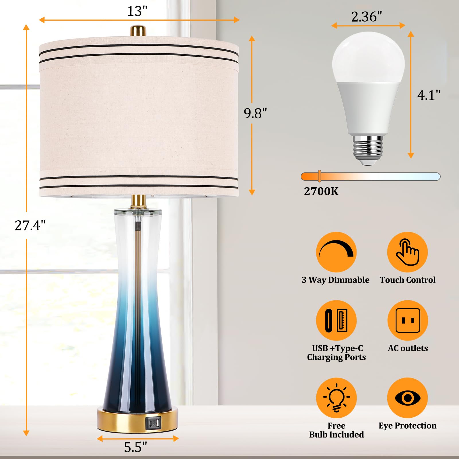 Dott Arts 27.4in Glass Bedside Lamps Set of 2, 3-Way Dimmable with USB Ports, Touch Control, Blue, Model TLA-9W-01