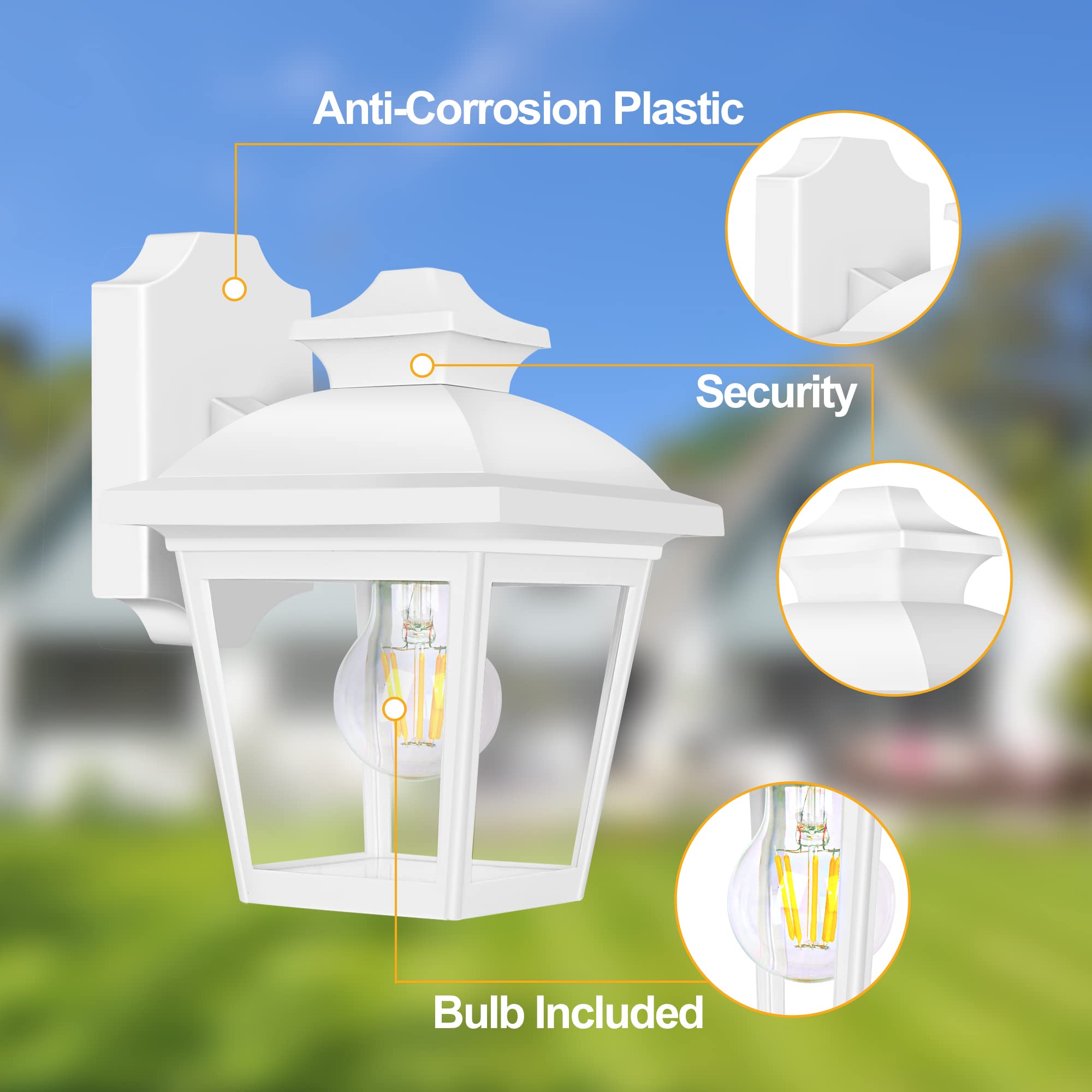 FUDESY Outdoor Wall Lantern, Waterproof Porch Light, Plastic, No Sensor, White, Model P746-E26W, Bulb Included