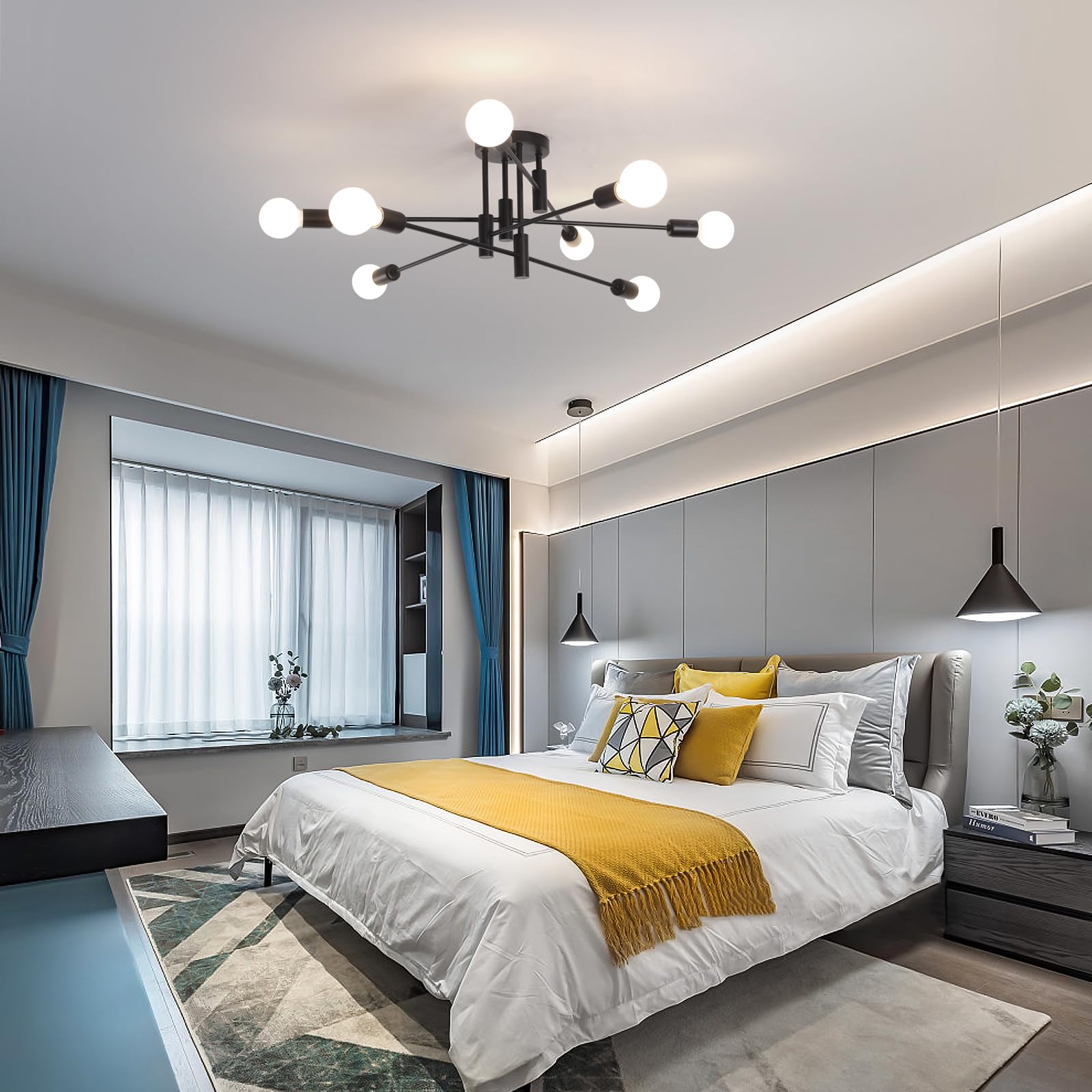 Garwarm Black Ceiling Light Fixture, 8-Lights Semi Flush Mount Ceiling Light, Sputnik Chandelier Industrial Ceiling Lamp For Kit