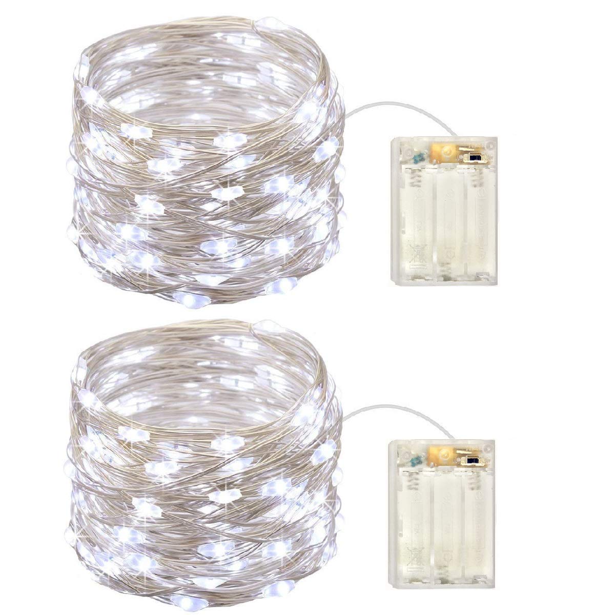 Everfit Lighting 2 Pack Battery Operated Mini Fairy Lights, 50 LEDs, 17 Feet Silver Wire, Cold White with Timer 6 On/18 Off